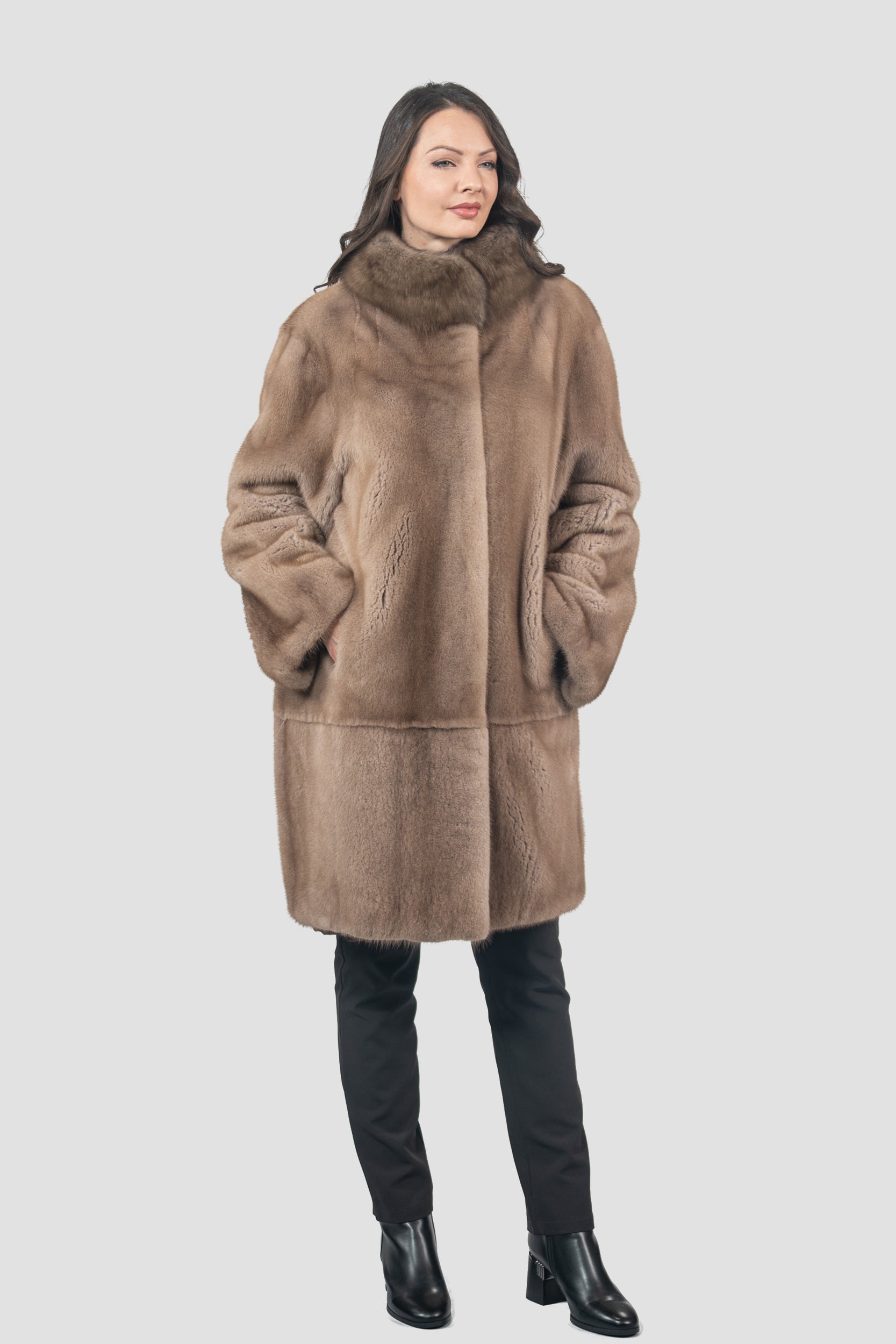 Pastel Mink Half Coat with Russian Sable-Trimmed Stand Collar