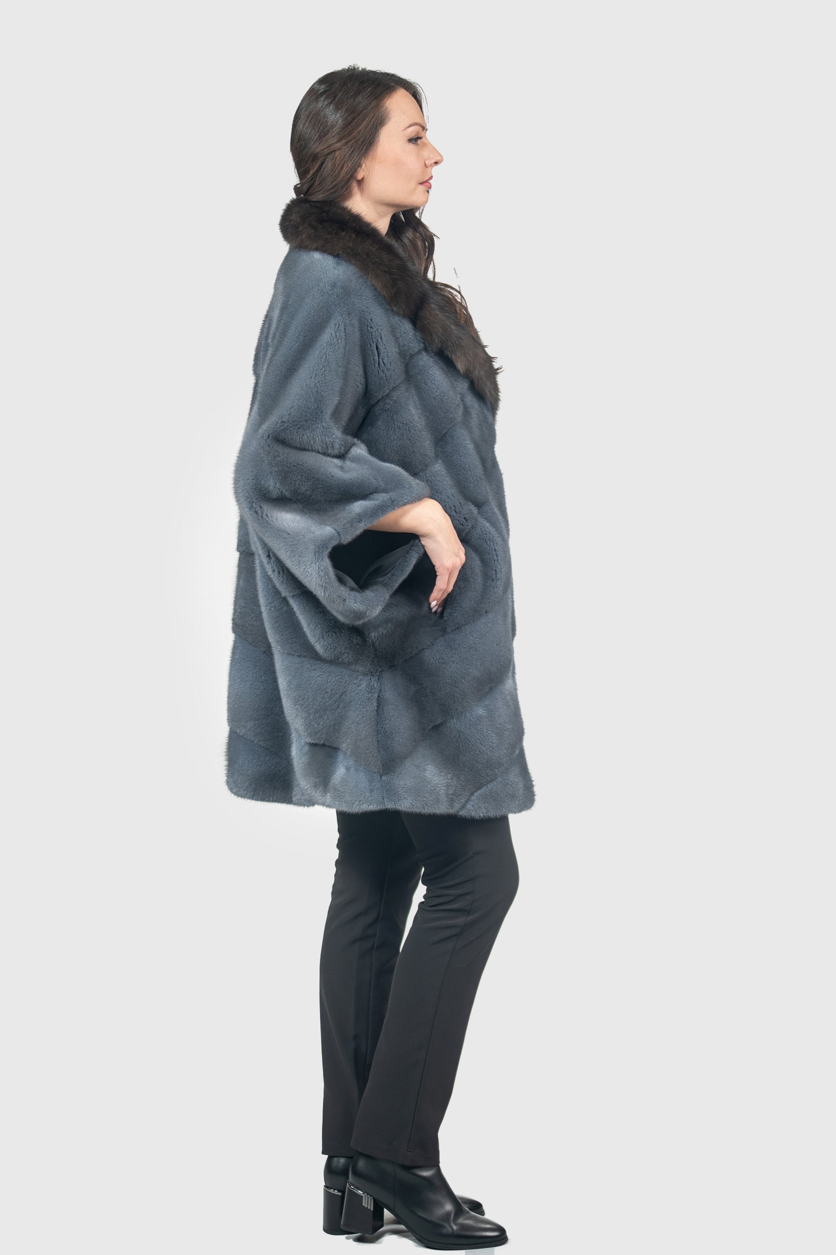 Asphalto Mink Cape with Russian Sable-Trimmed Notch Collar