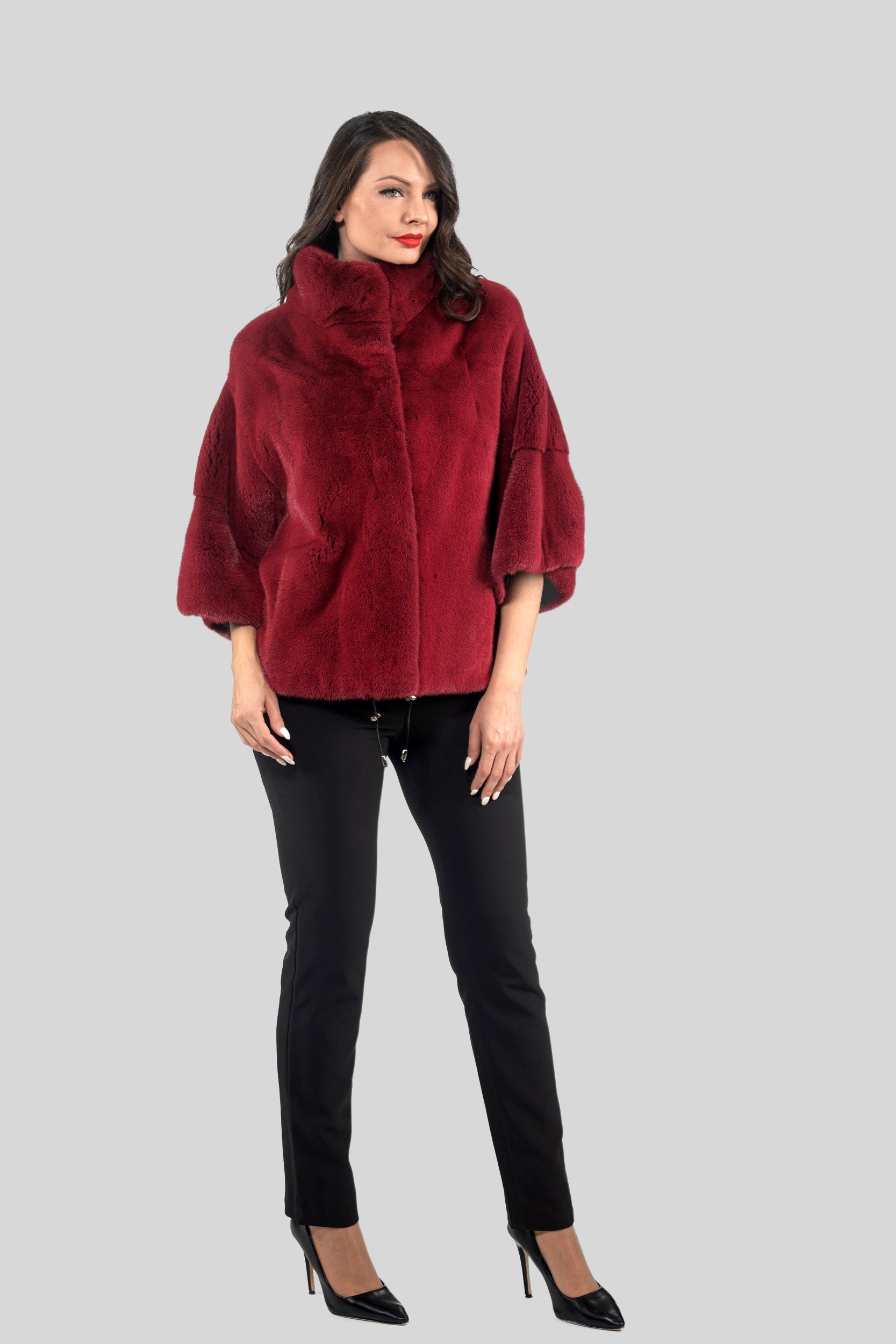Cerise Mink Jacket with Stand Collar and Short Sleeves
