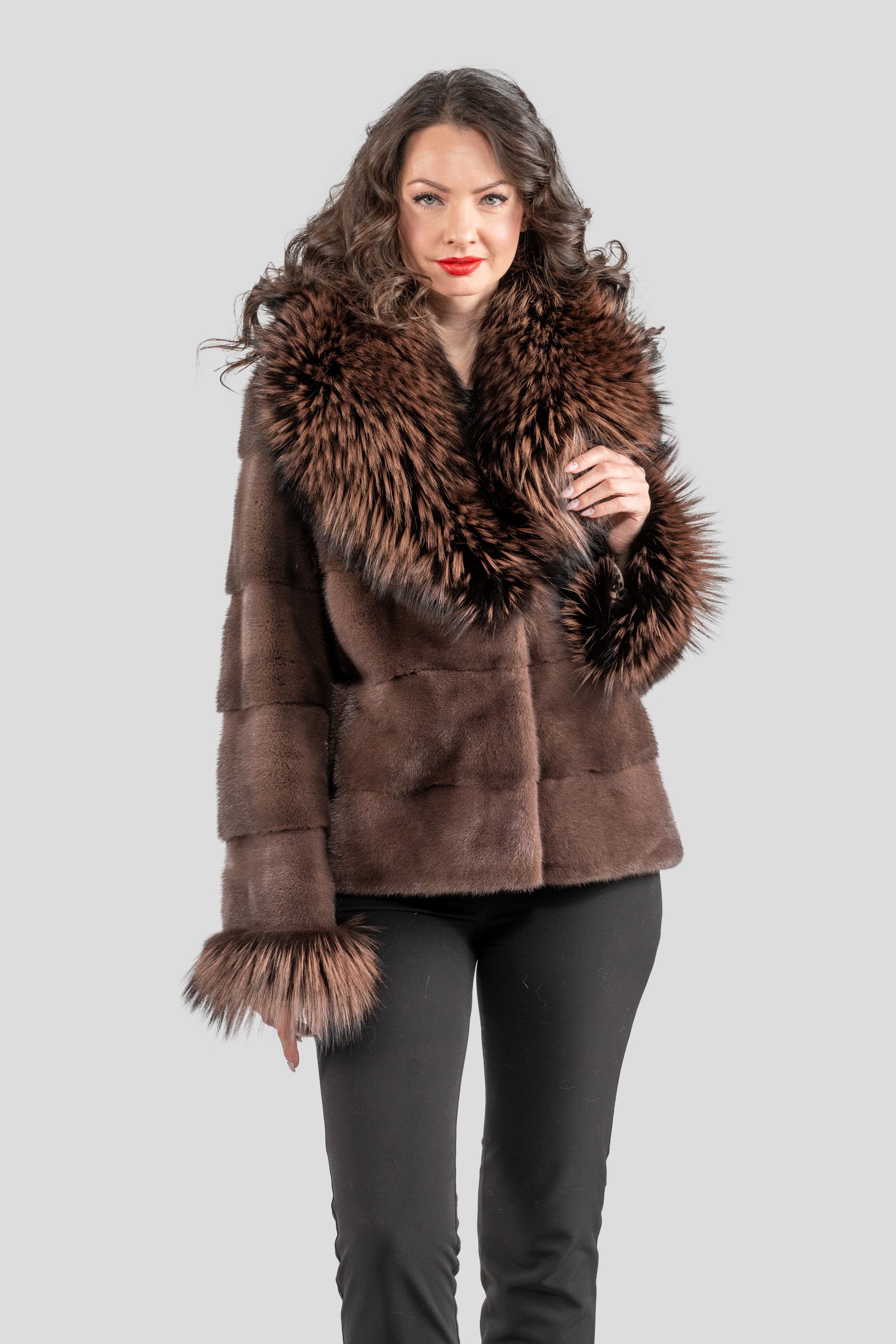 Wood Mink Jacket with Fox Trimmed Shawl Collar