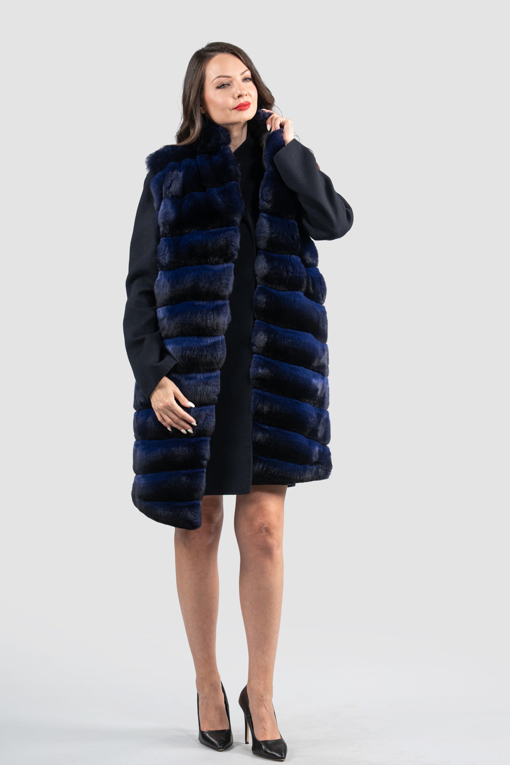 Blue Black Cashmere Half Coat & Vest with Chinchilla Trim