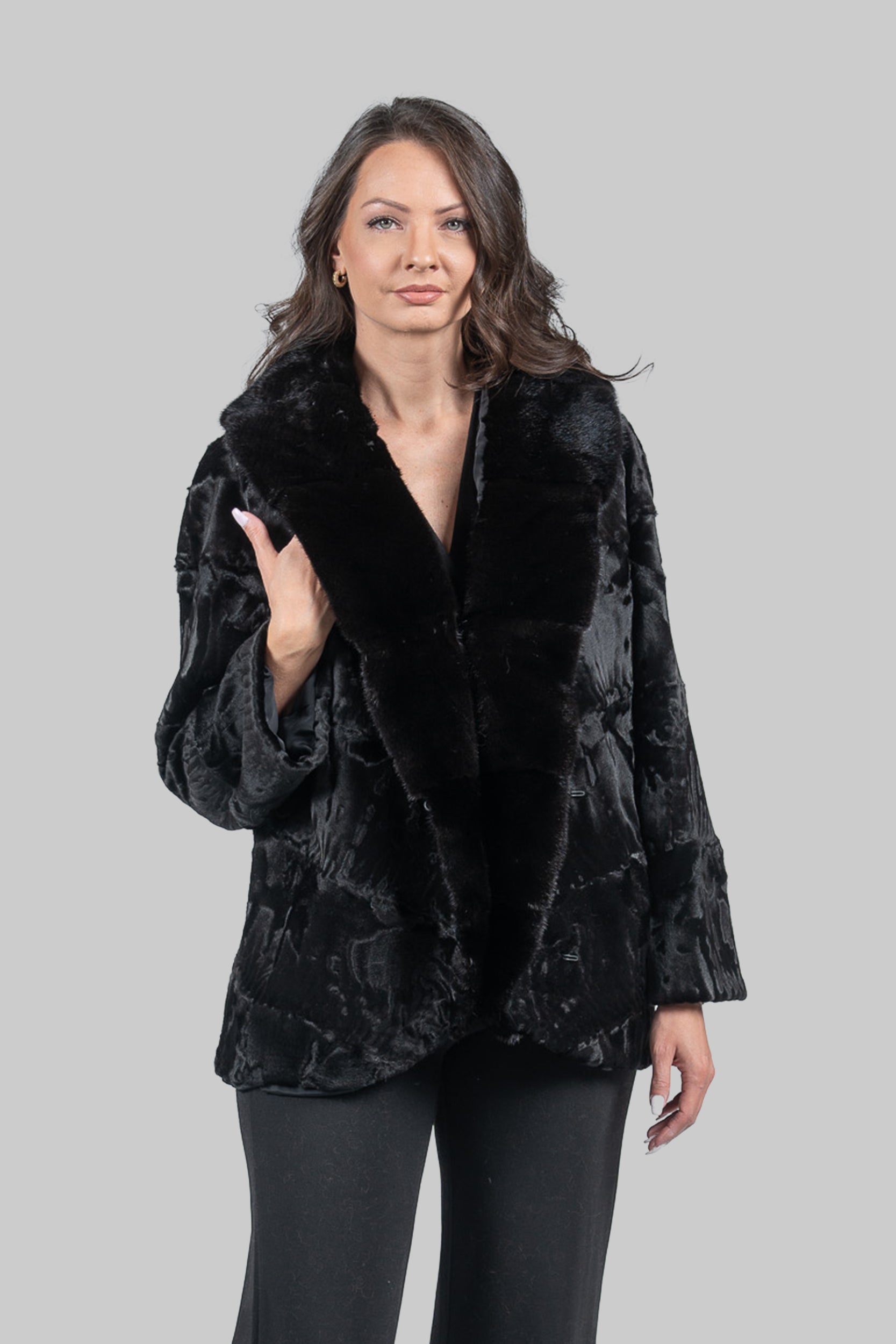 Black Swakara with Extended Mink Shawl Collar Fur Jacket