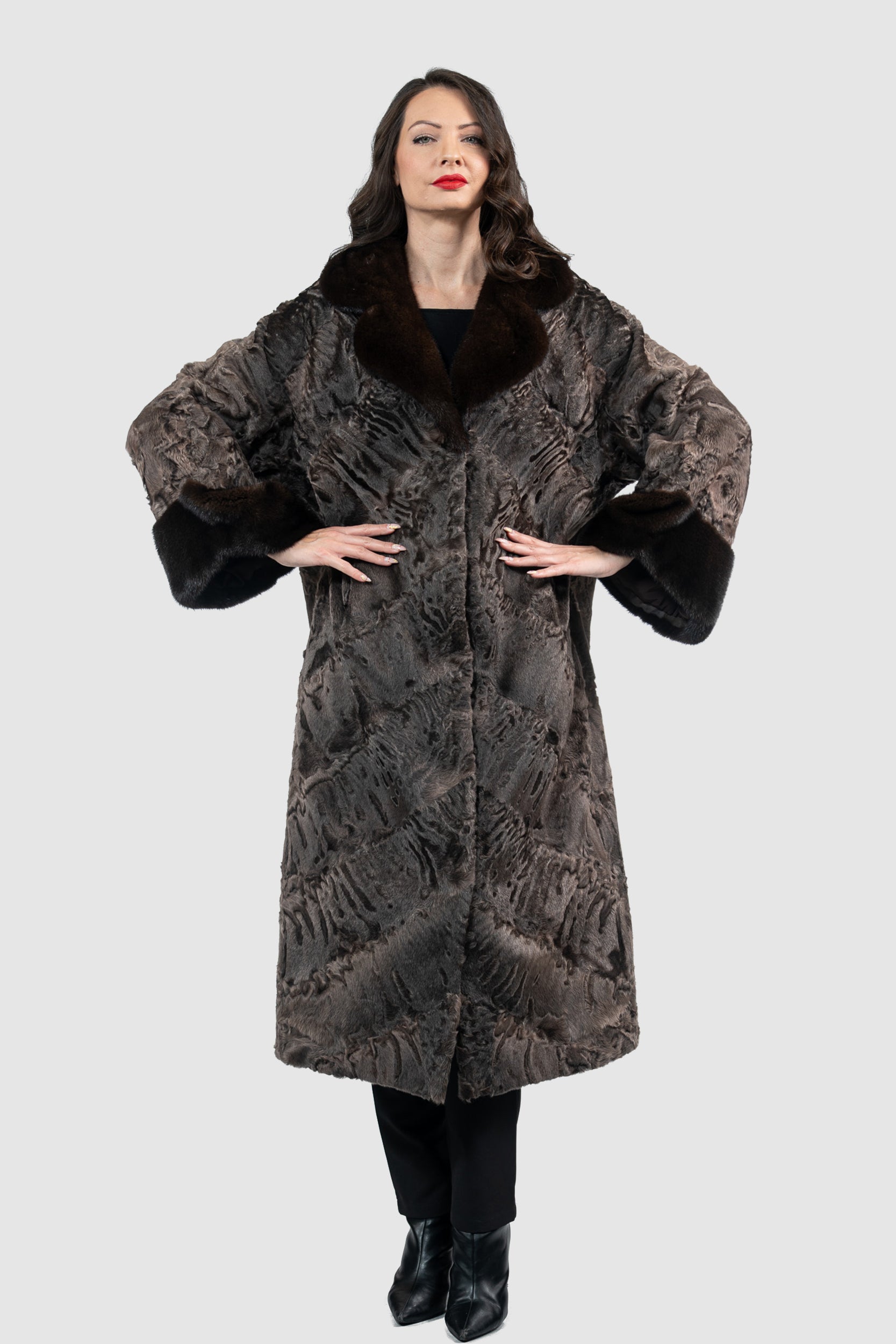 Chocolate Swakara Coat with Mink Trim