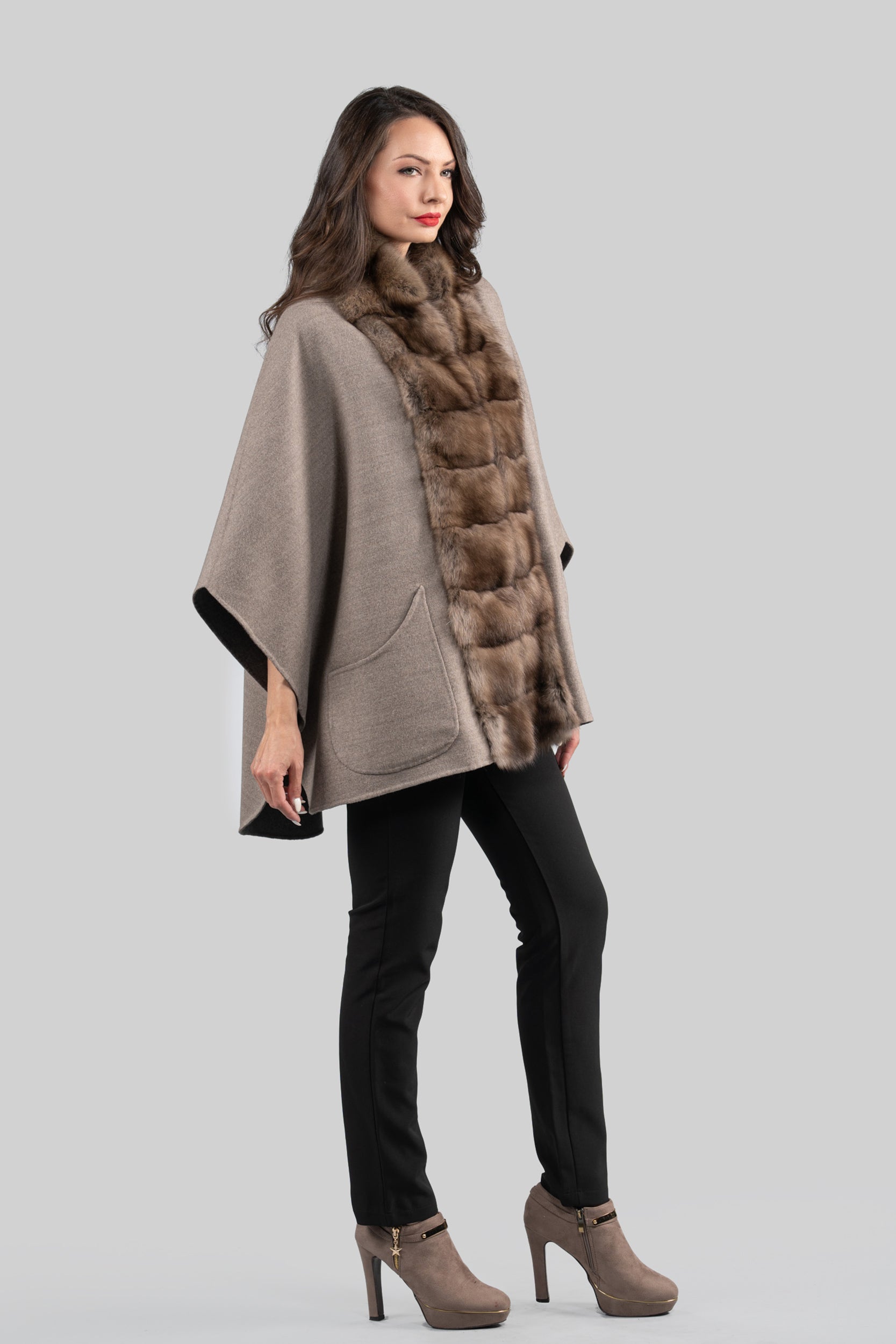 Grey Brown Cashmere Cape with Russian Sable Trim