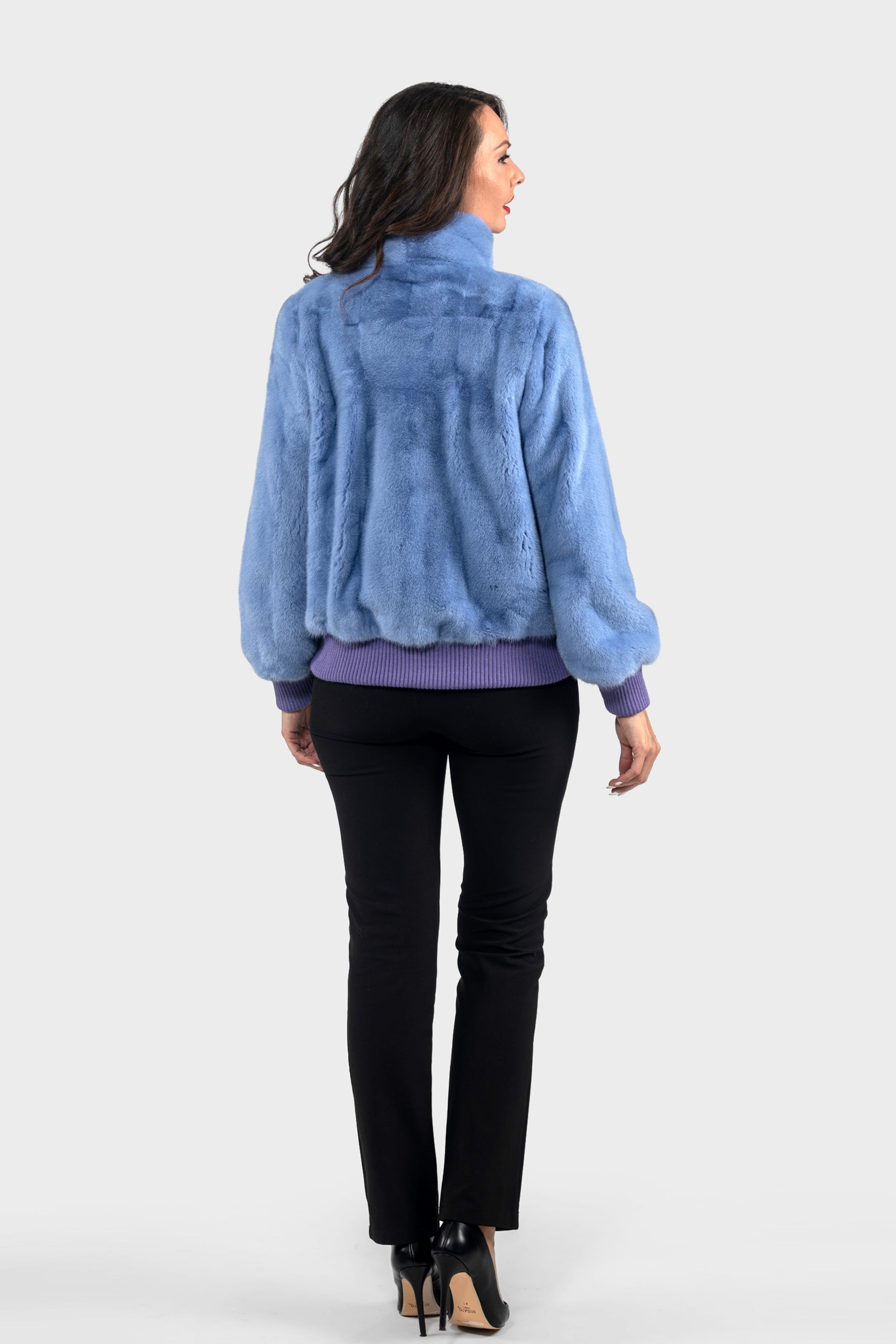 Aqua Marine Mink Bomber Jacket with Stand Collar