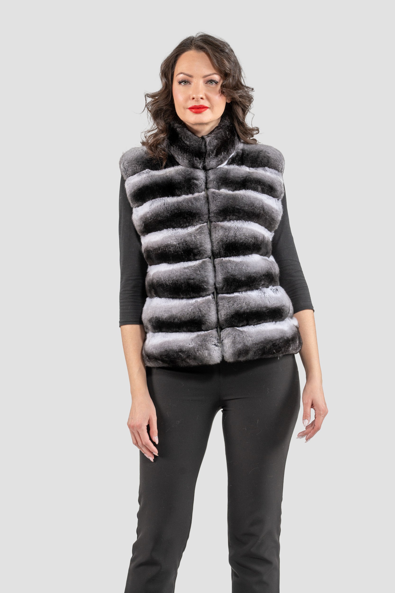 Natural Chinchilla Fur Vest with Stand Collar and Mink Trim