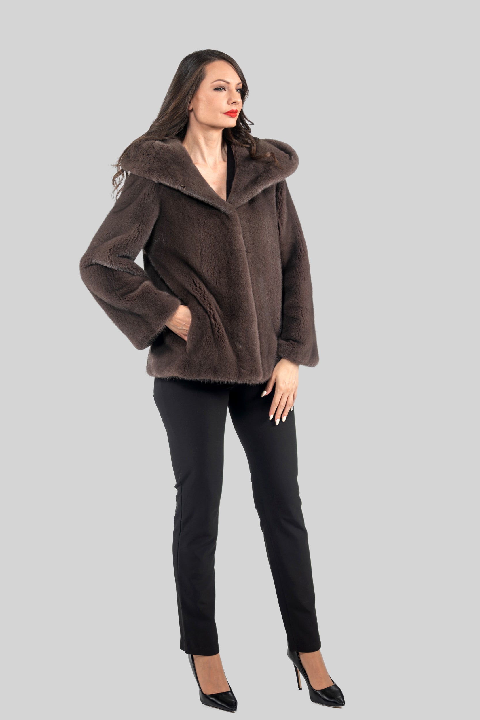 Wood Mink Jacket with Attached Hood
