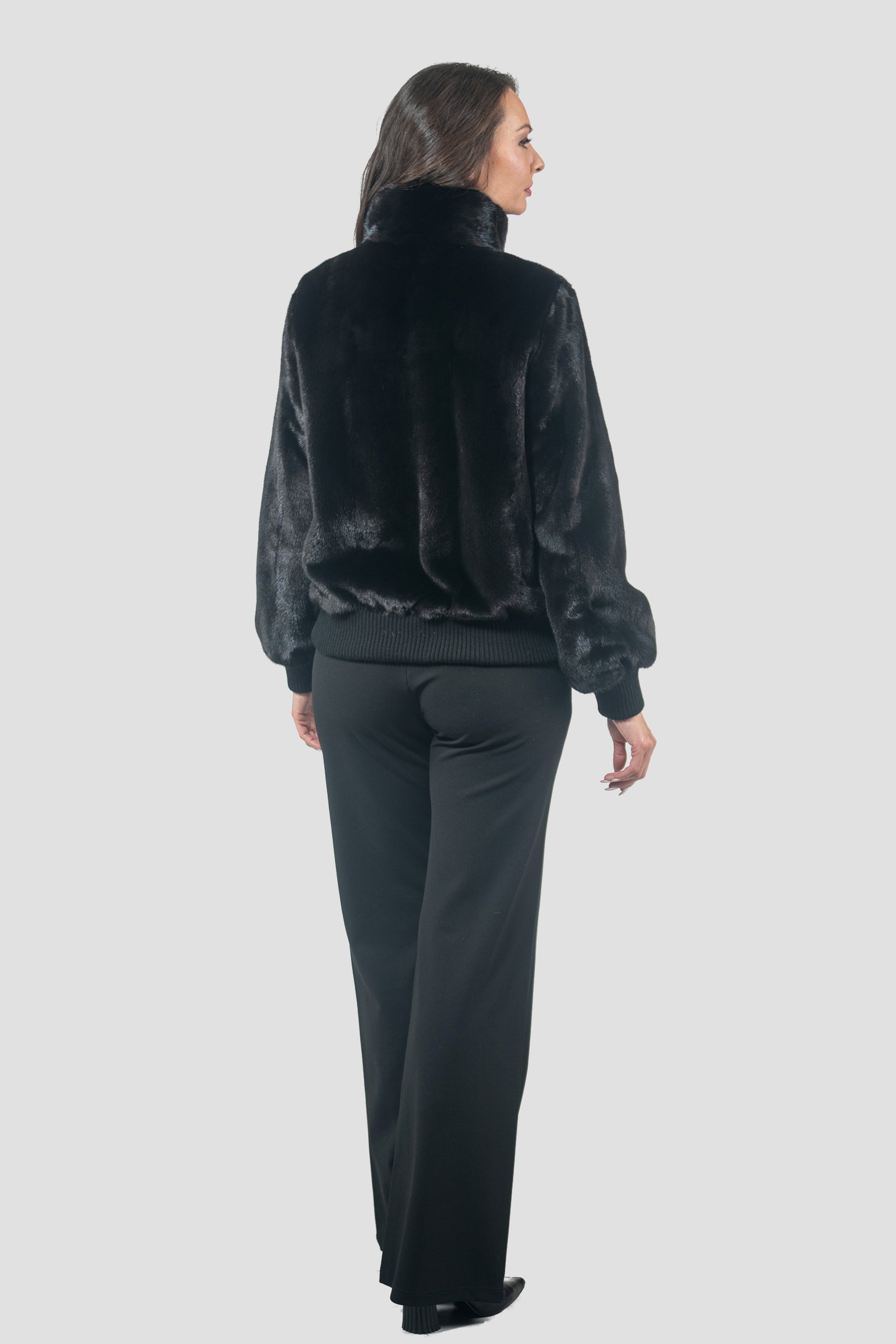 Black Mink Bomber Jacket with Stand Collar