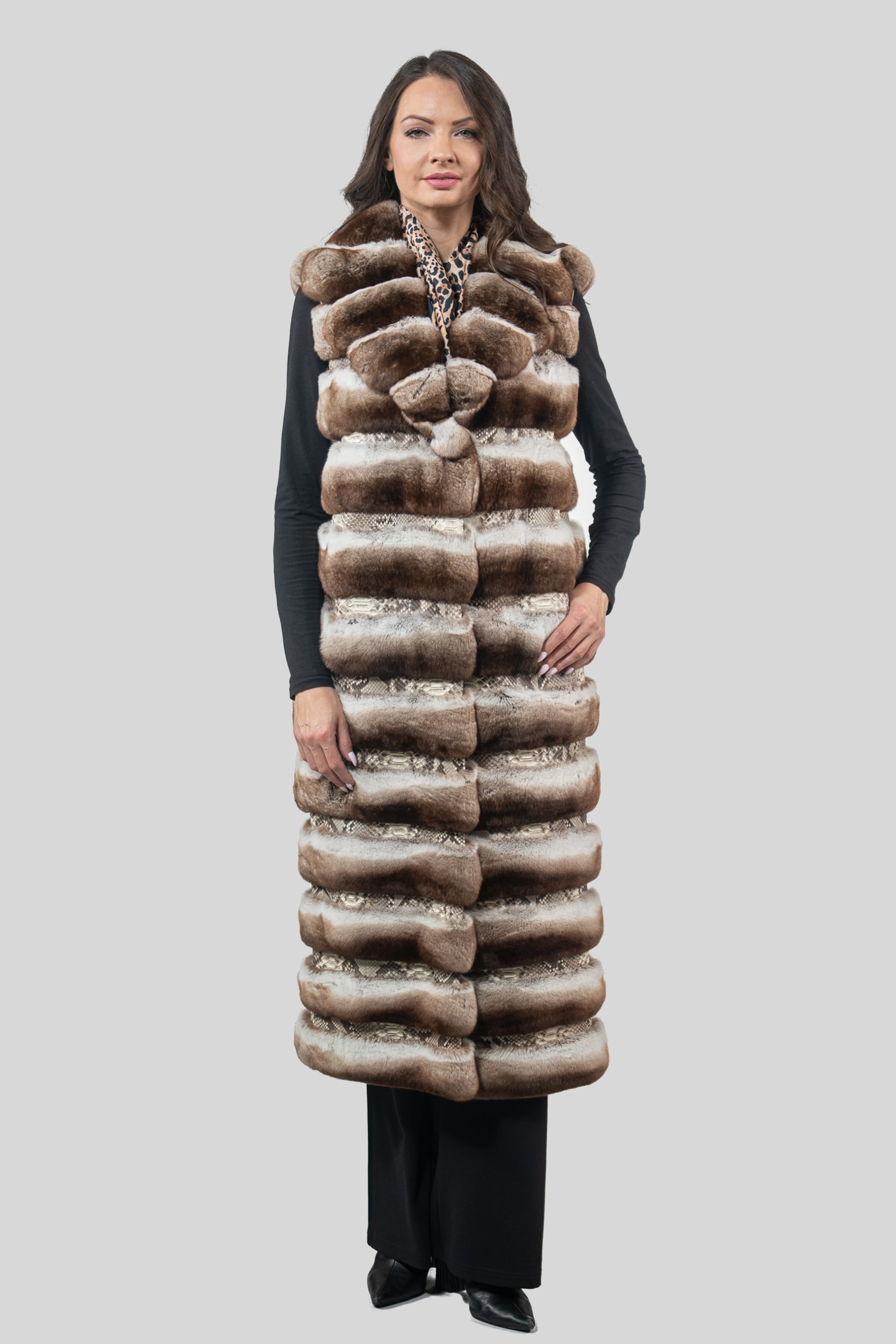 Orange Chinchilla Vest with Notch Collar & Snake Leather