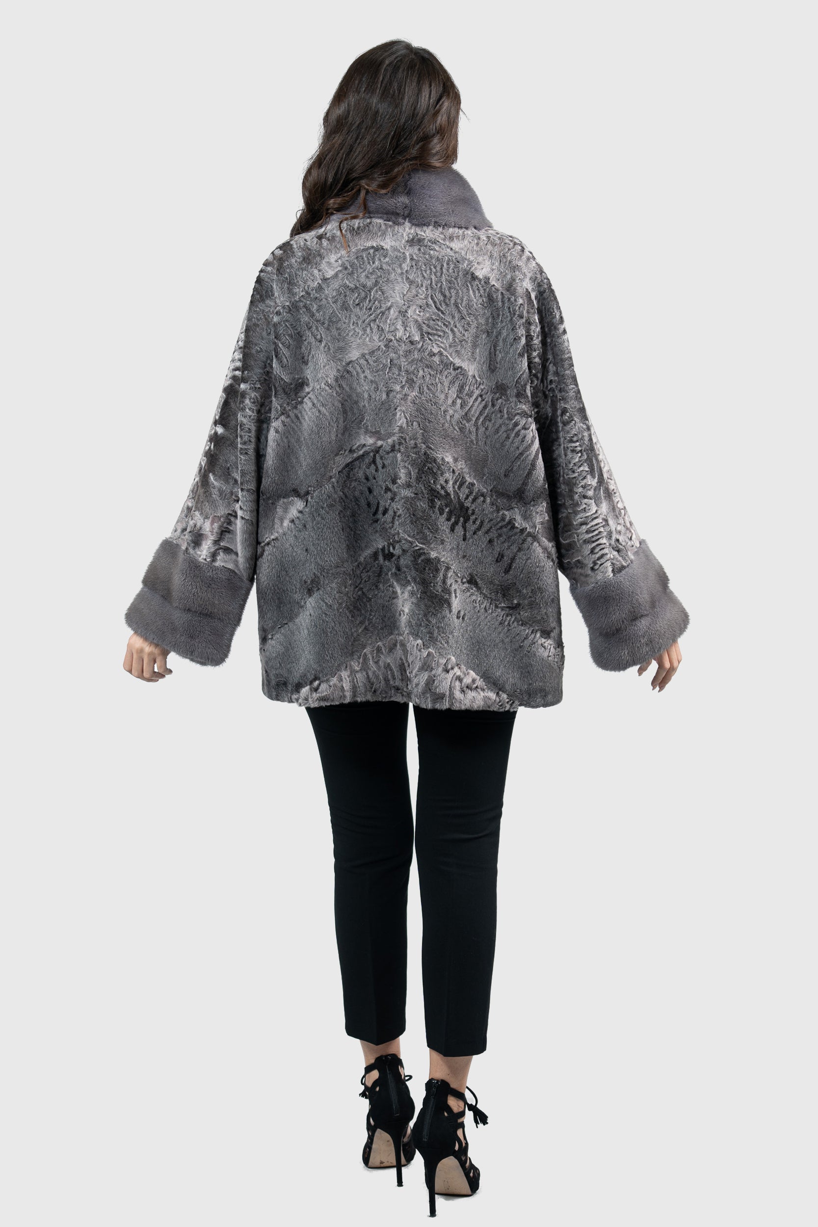 Grey Moon Swakara Half Coat with Mink Trim