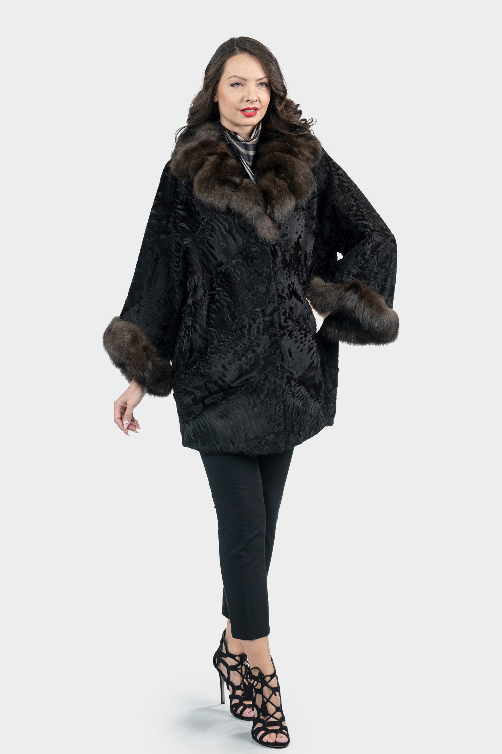 Black Swakara Cape with Russian Sable Notch Collar