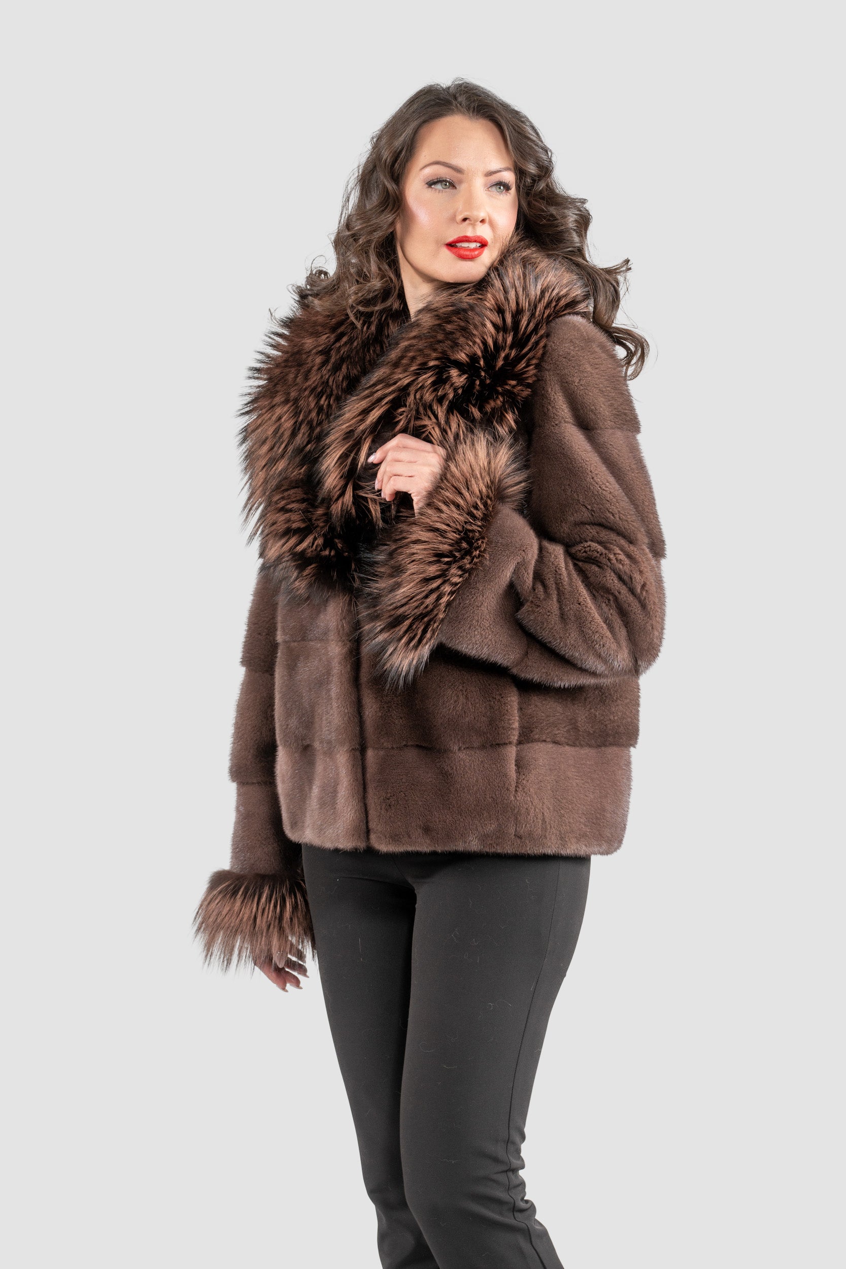 Wood Mink Jacket with Fox Trimmed Shawl Collar