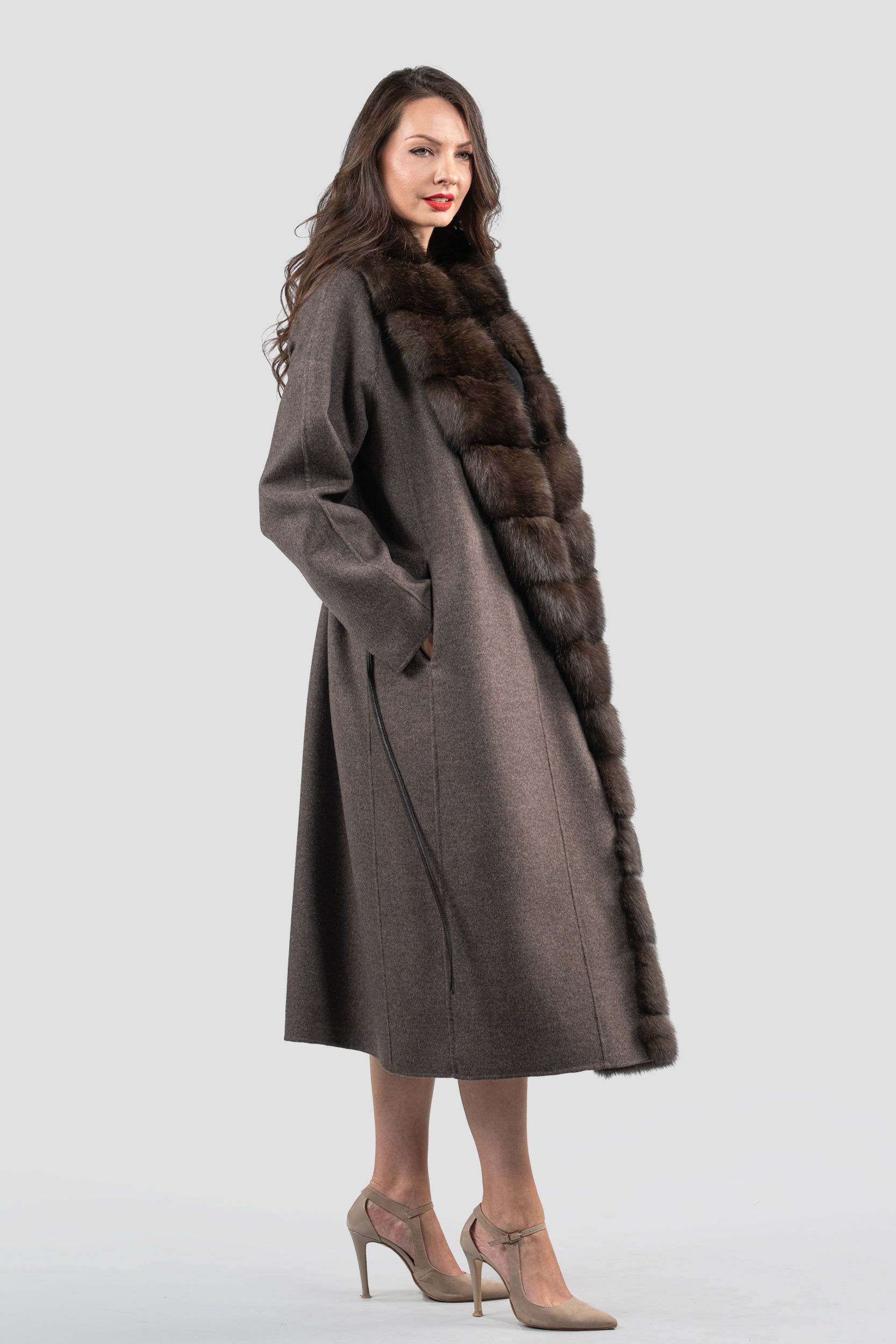 Brown Grey Cashmere Coat with Russian Sable Trim
