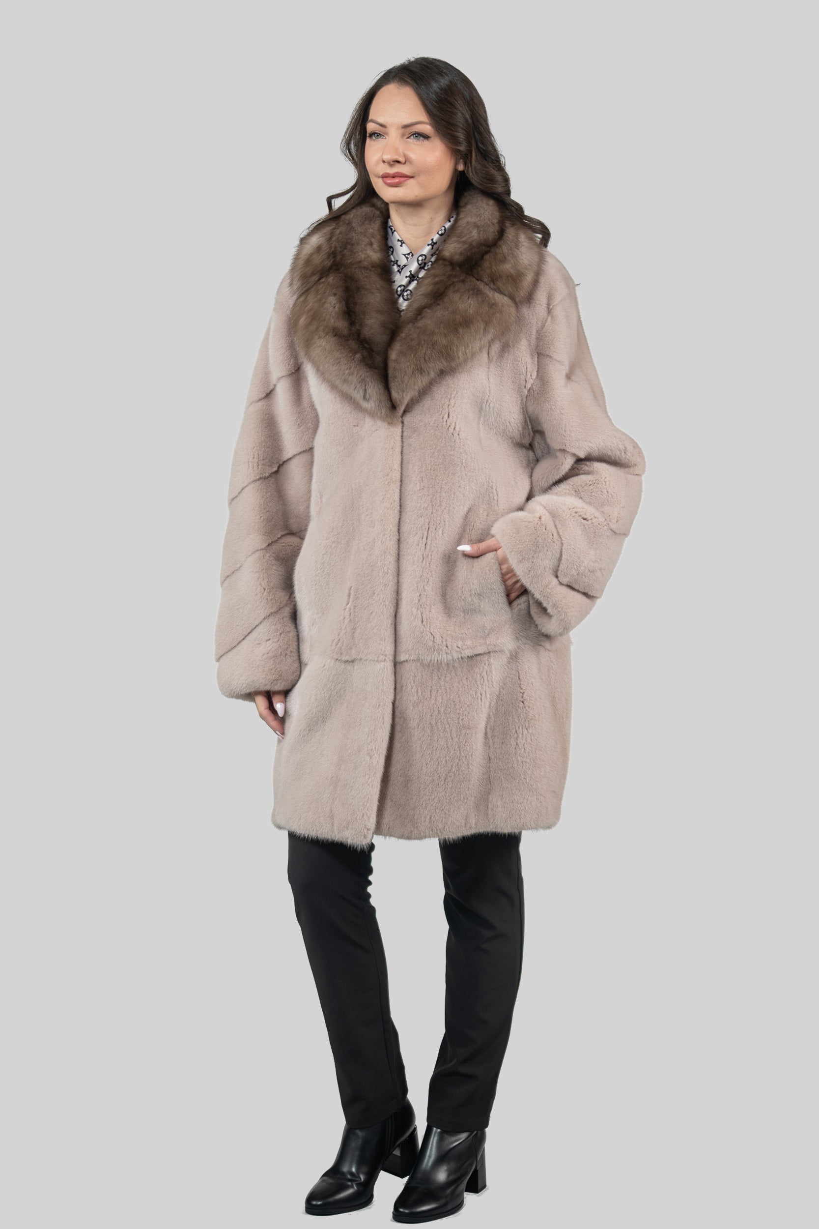 Tiramisu Mink Half Coat with Russian Sable-Trimmed Notch Collar