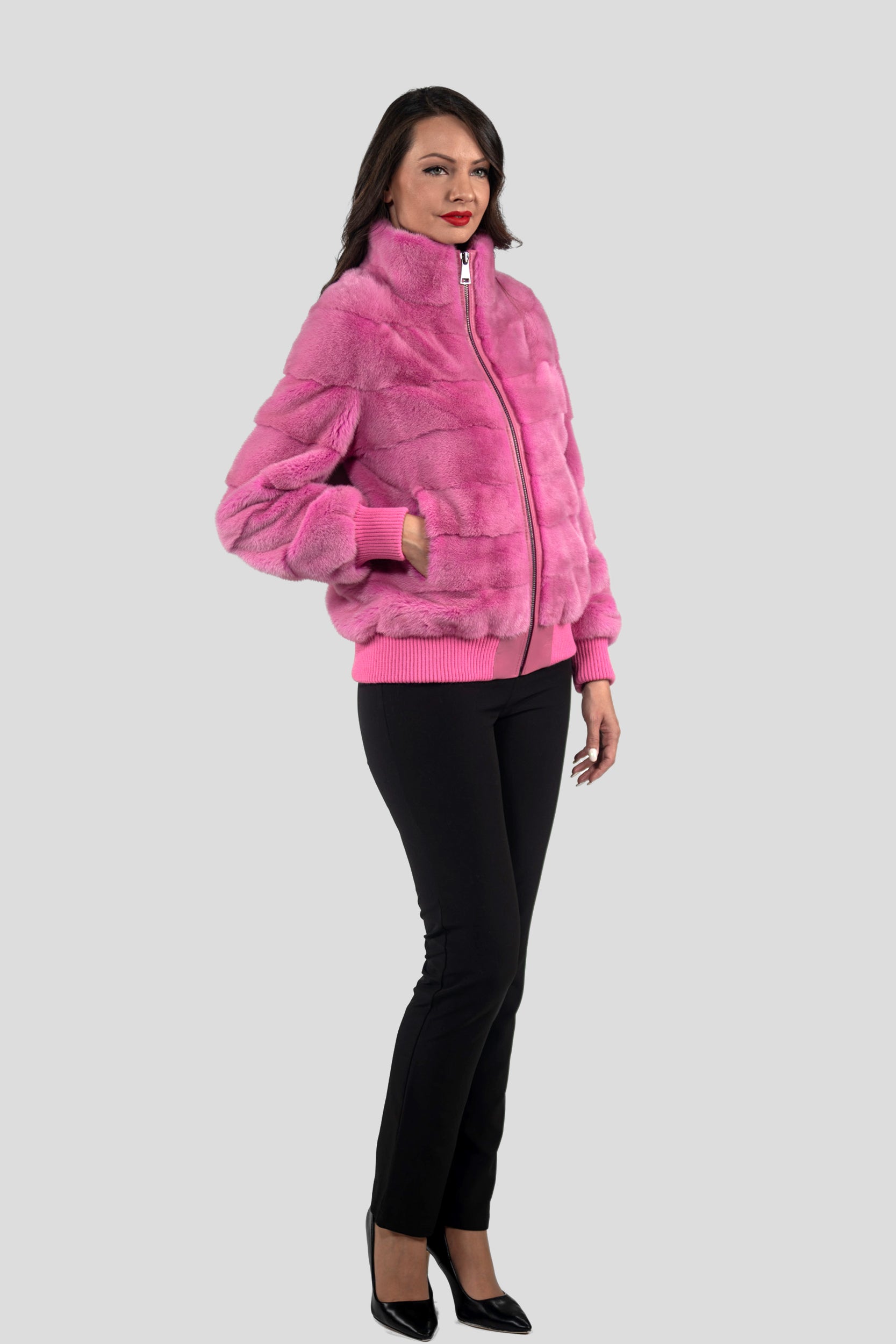 Fuchsia Mink Bomber Jacket with Stand Collar