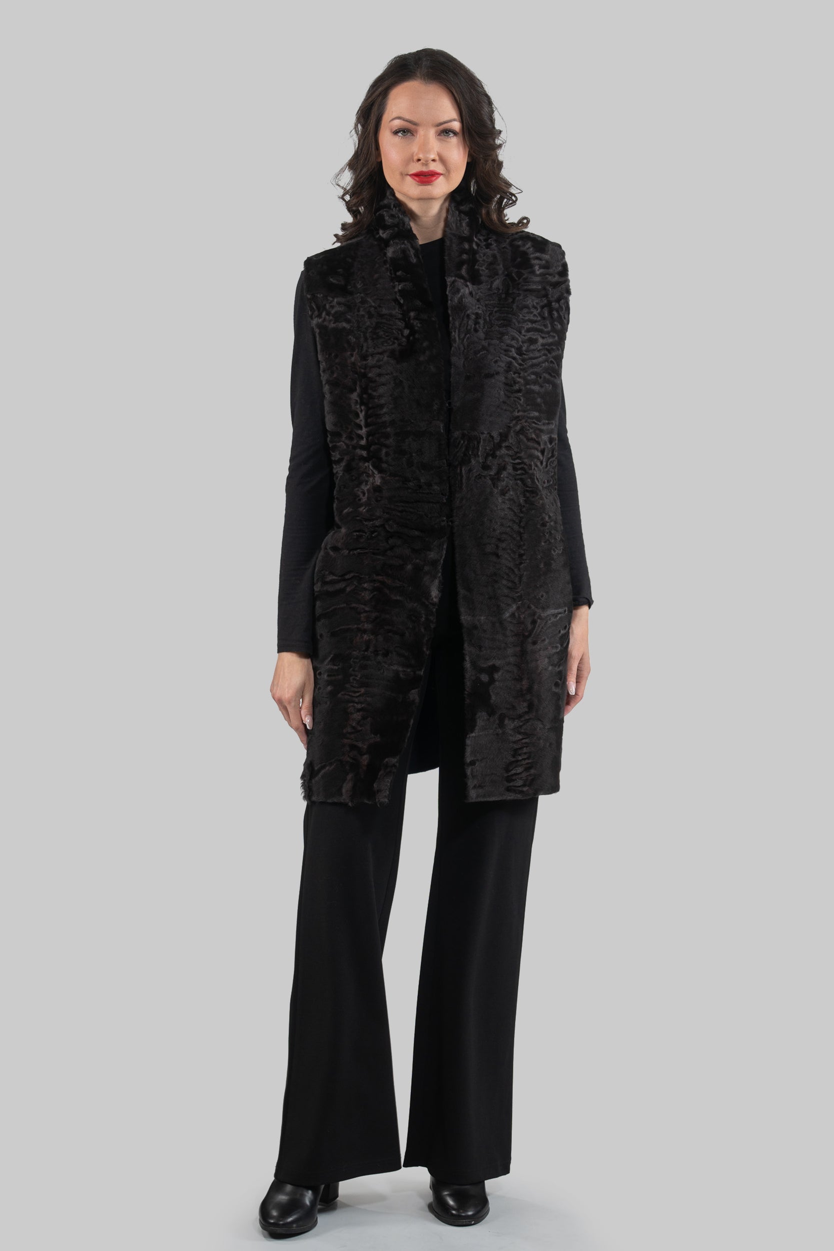 Grey Cashmere Vest with Swakara Fur Trim