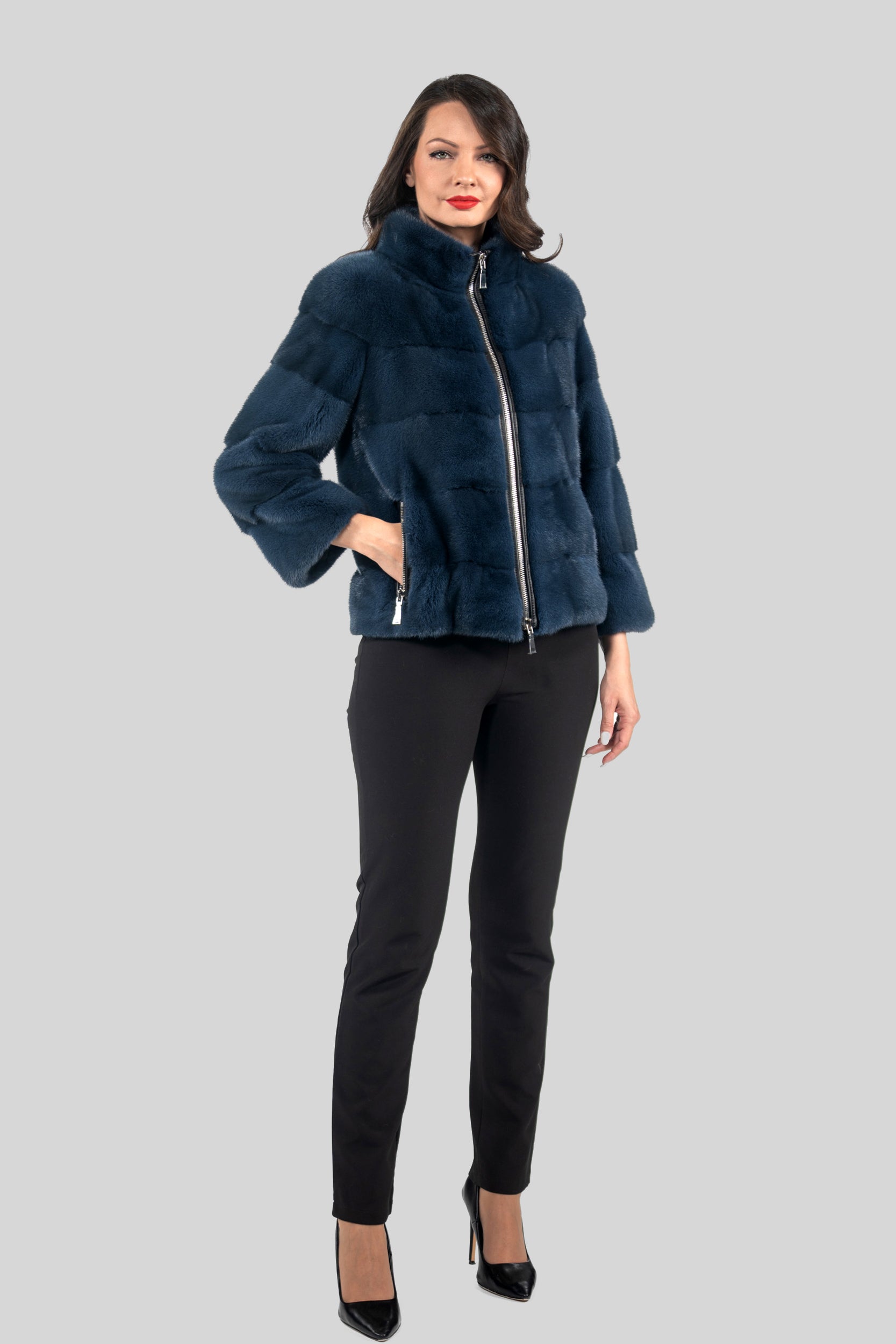 Blue Jean Mink Jacket with Stand Collar and Zipper