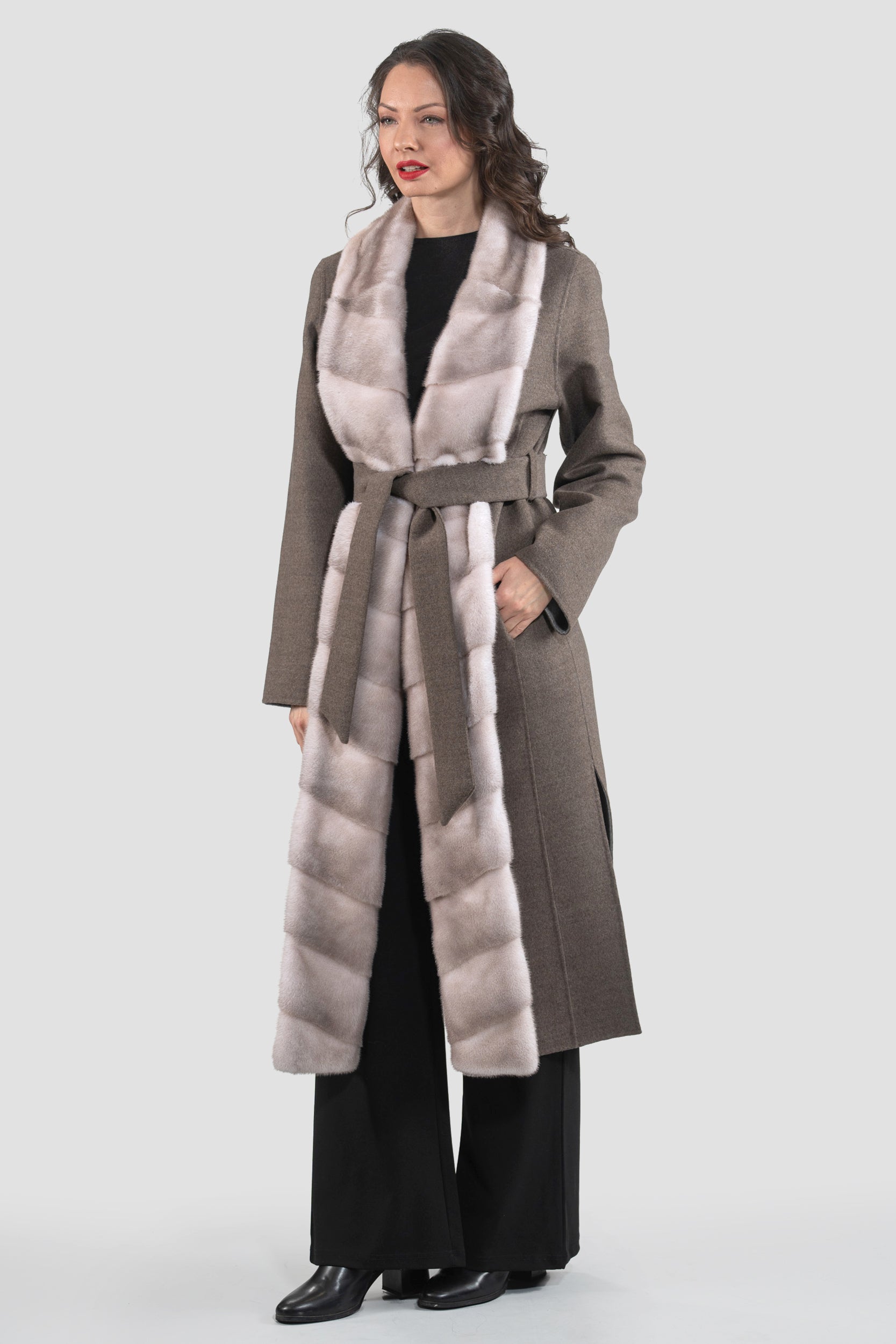 Brown Grey Cashmere Coat with Mink Trim