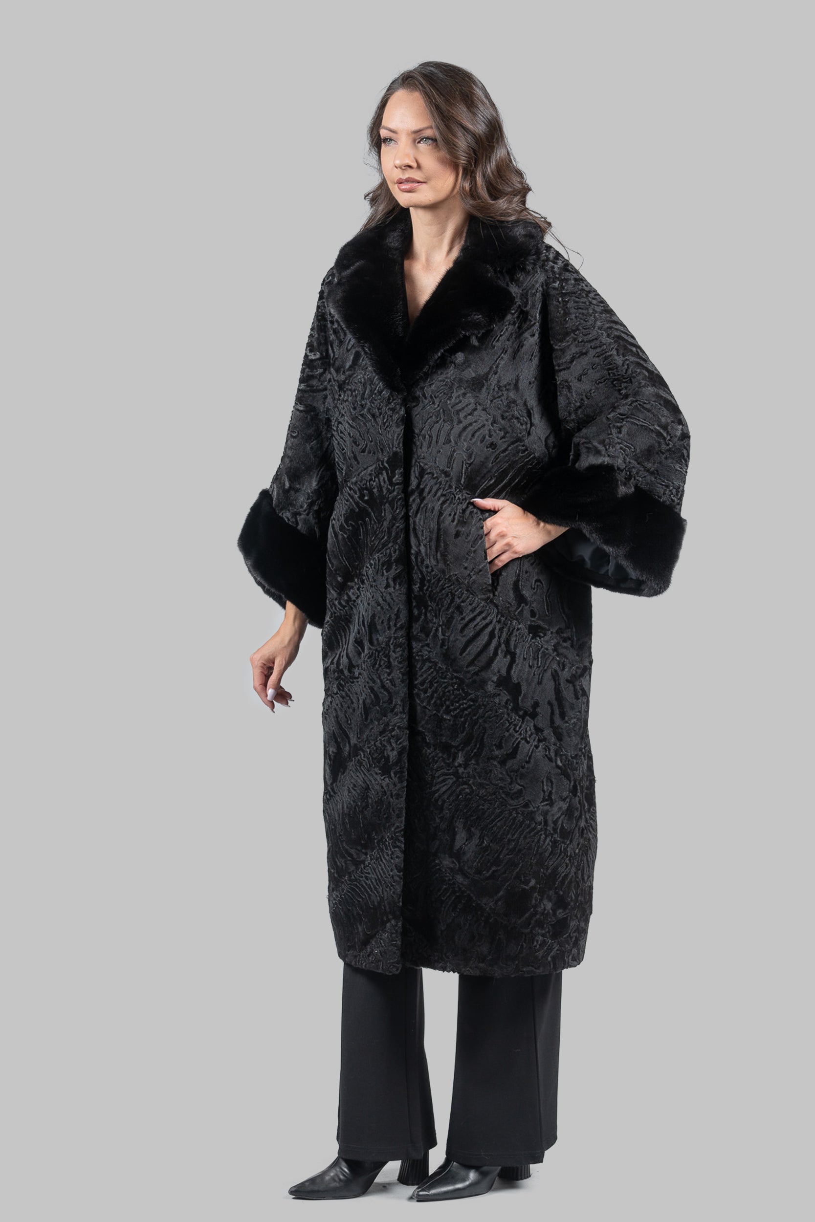 Black Swakara Coat with Mink-Trimmed Notch Collar
