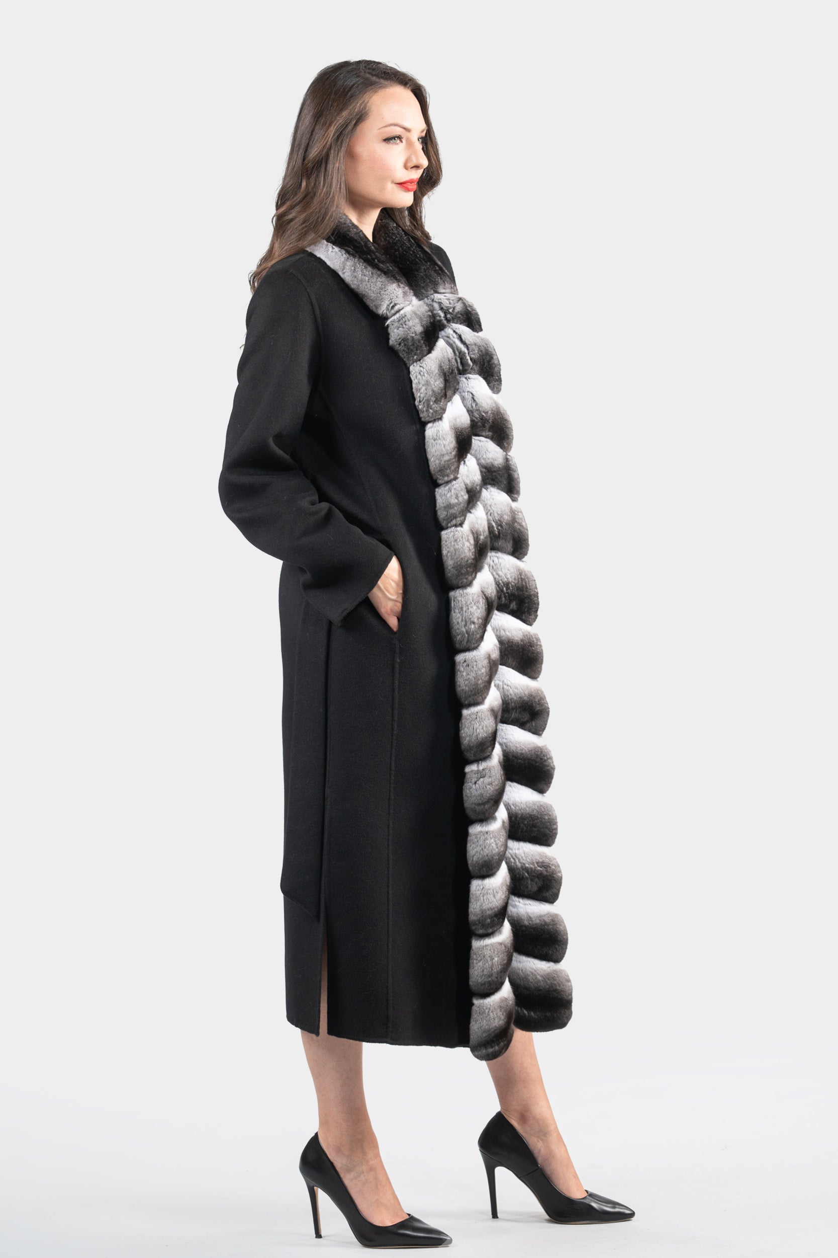 Black Cashmere Coat with Chinchilla Trim