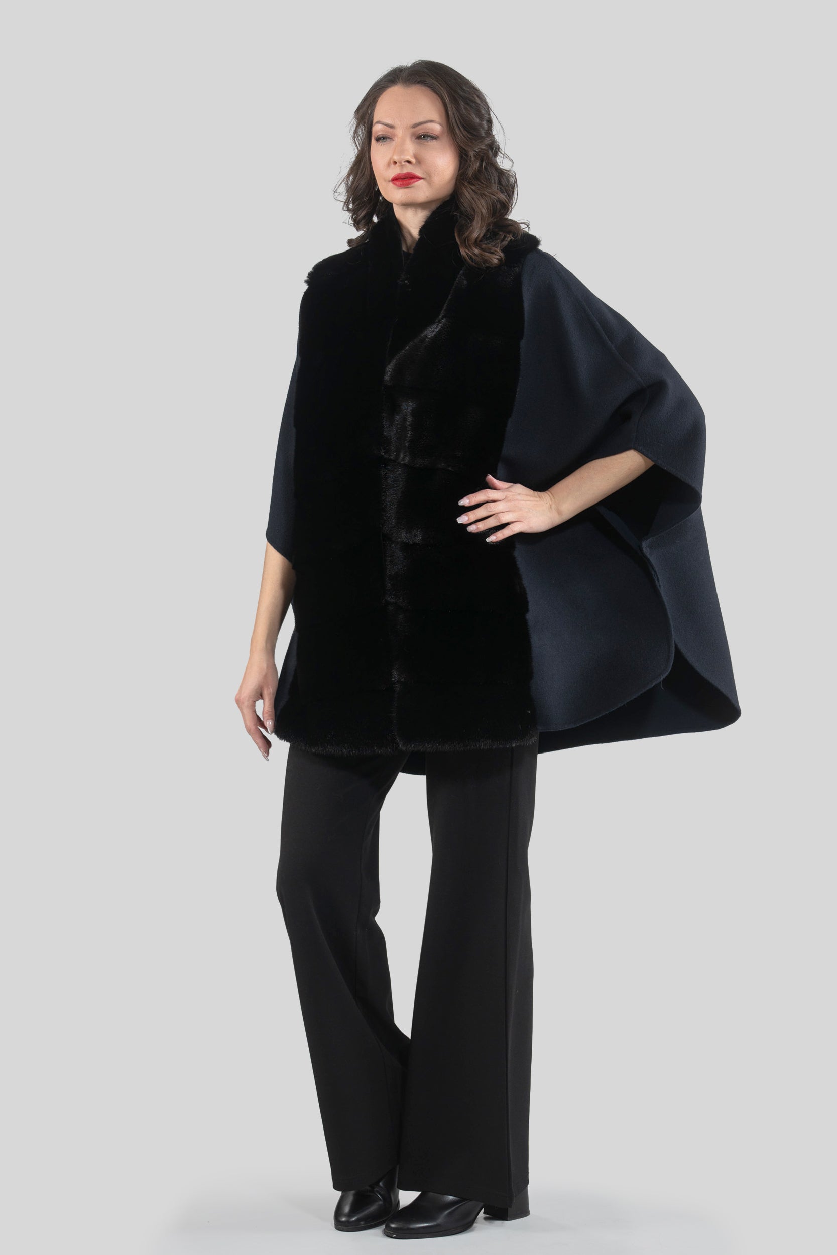 Blue Black Cashmere Cape with Mink Trim