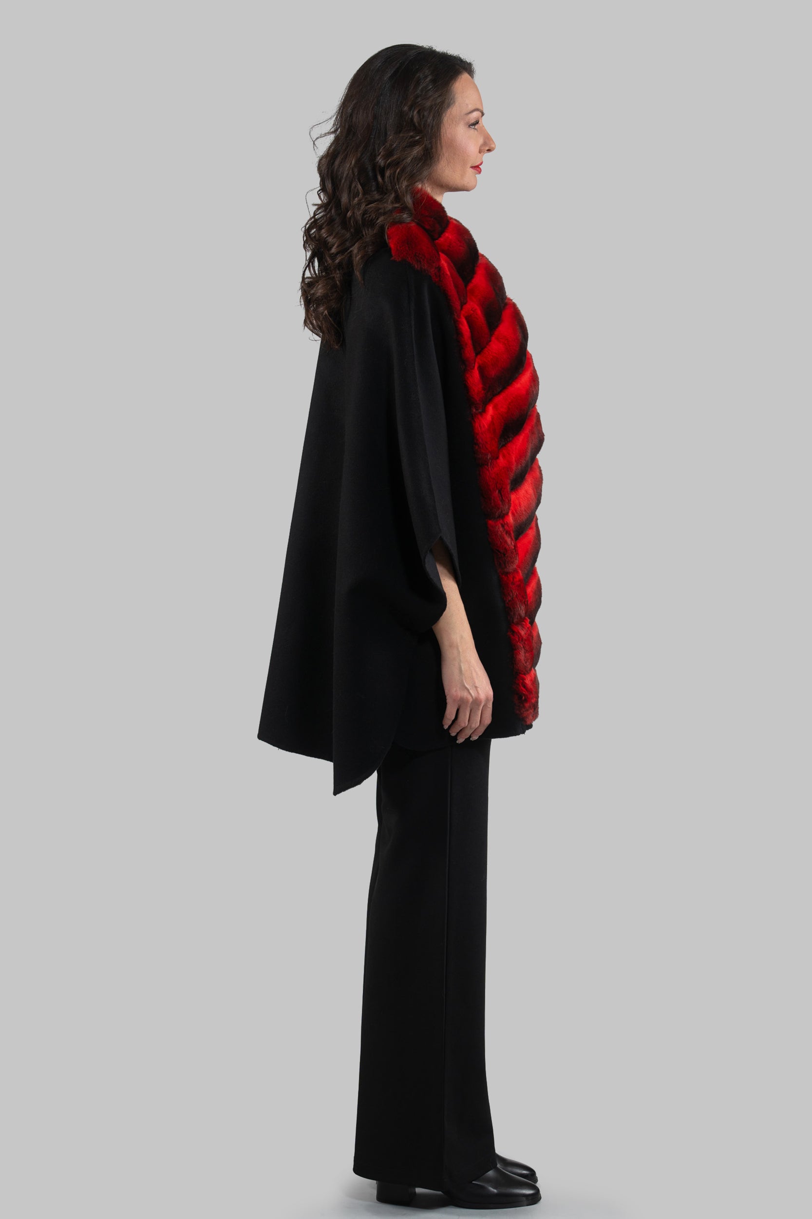 Black Cashmere Cape with Red Chinchilla Trim