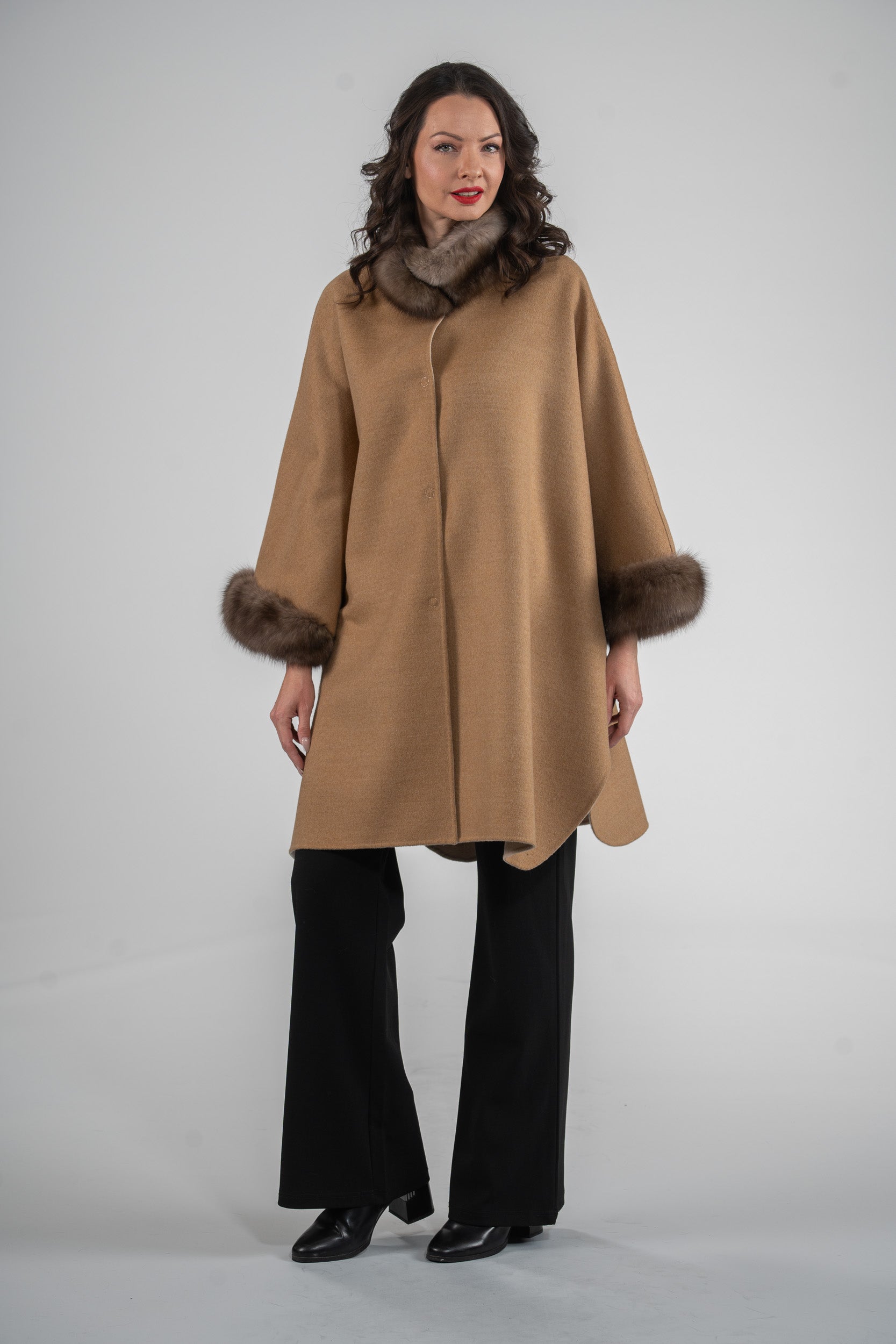Beige Cashmere Cape with Russian Sable Trim