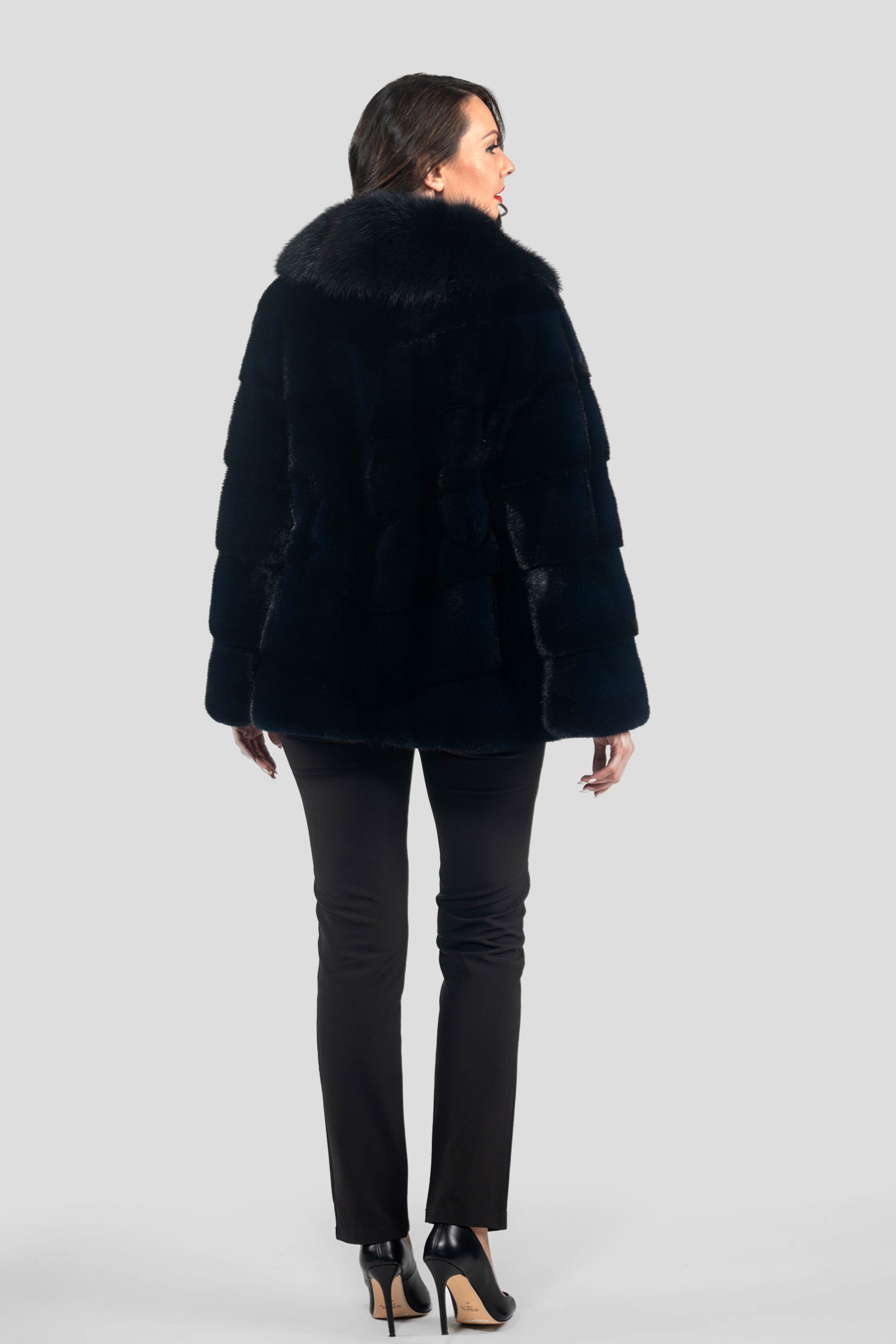 Blue Black Mink Half Coat with Extended Baumarten Shawl Collar