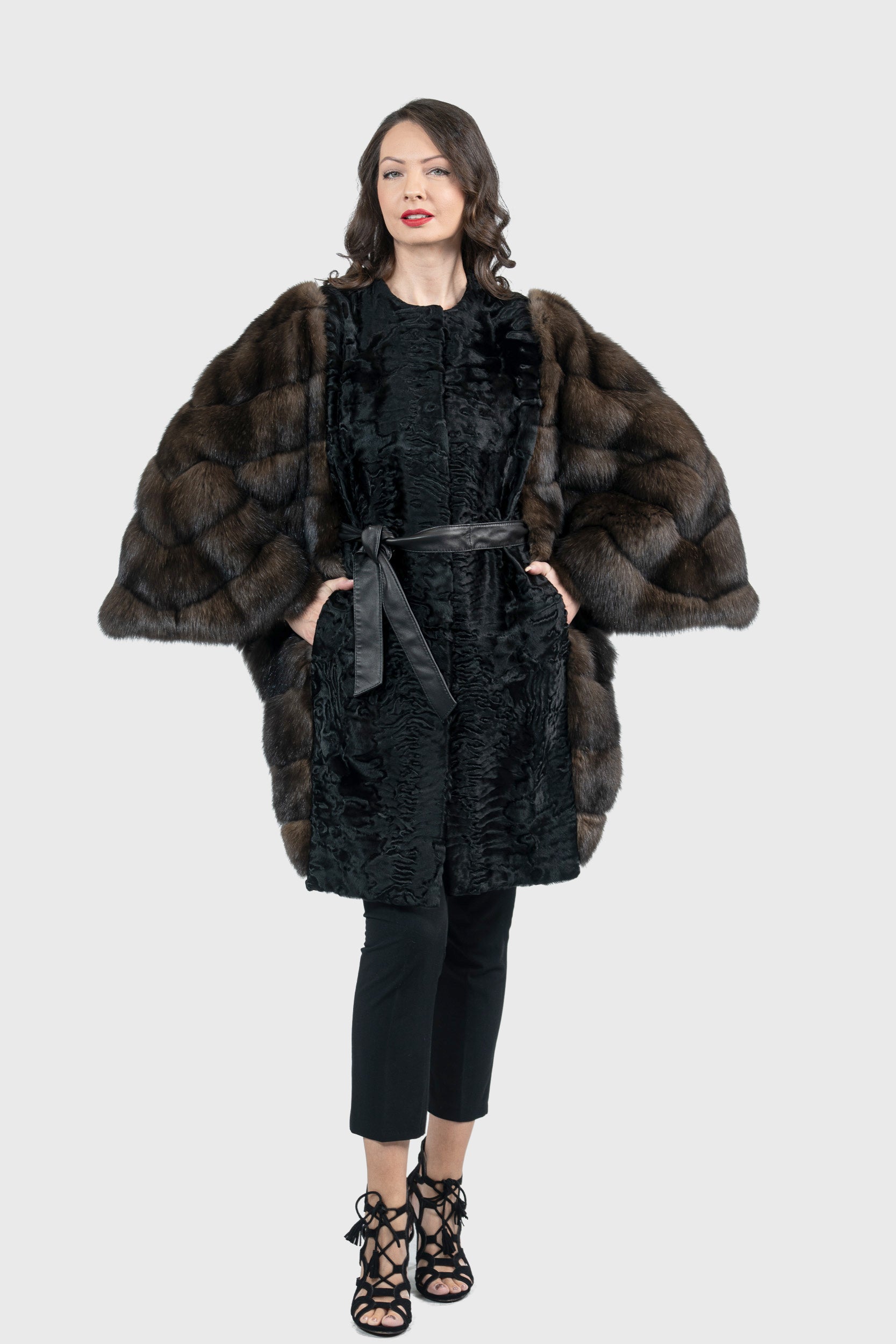 Black Swakara Cape with Russian Sable Sleeves