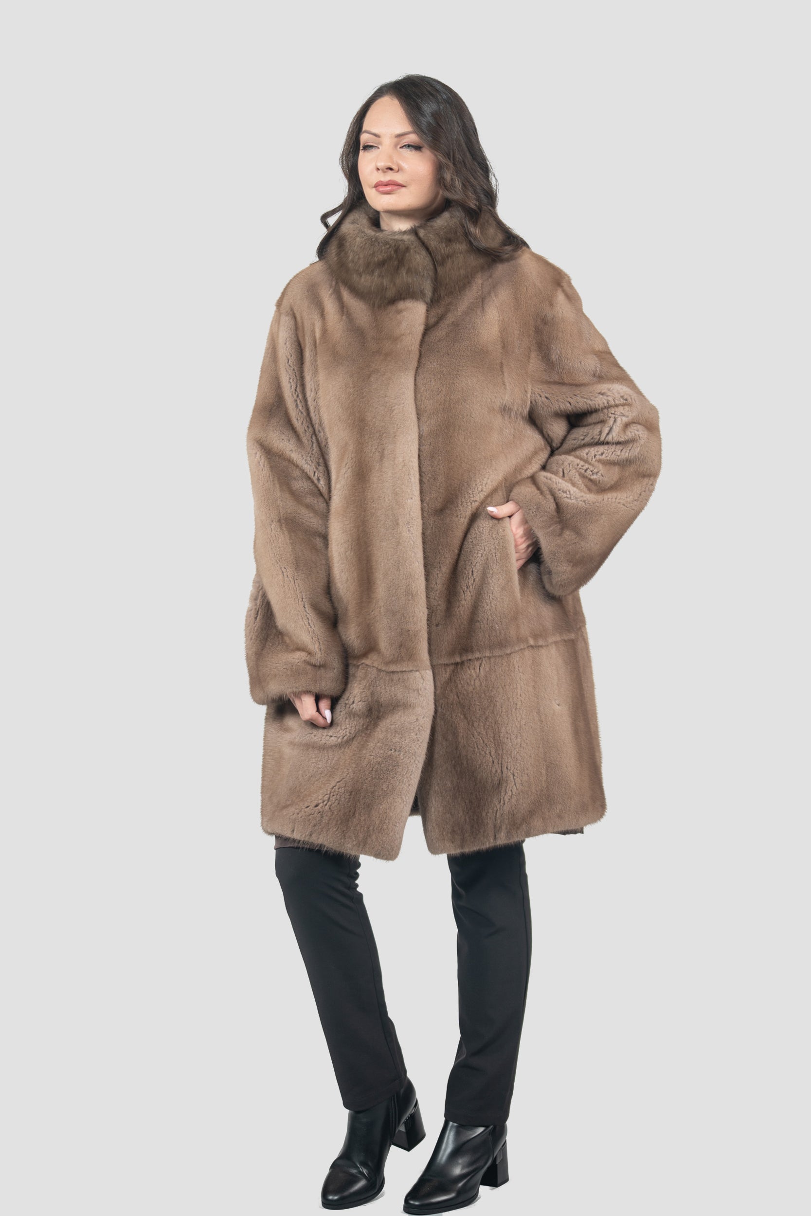 Pastel Mink Half Coat with Russian Sable-Trimmed Stand Collar