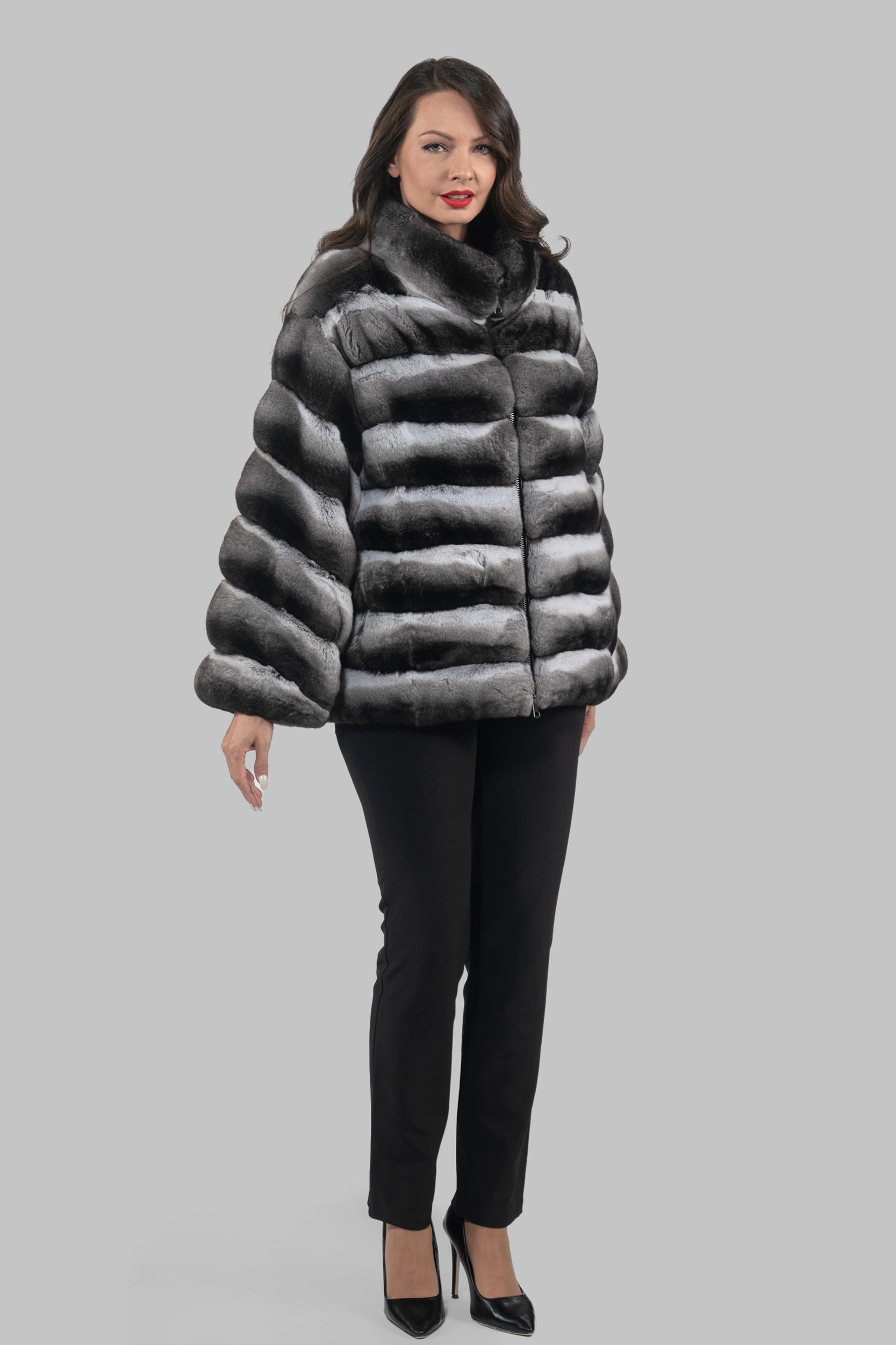 Chinchilla Jacket with Stand Collar and Zipper