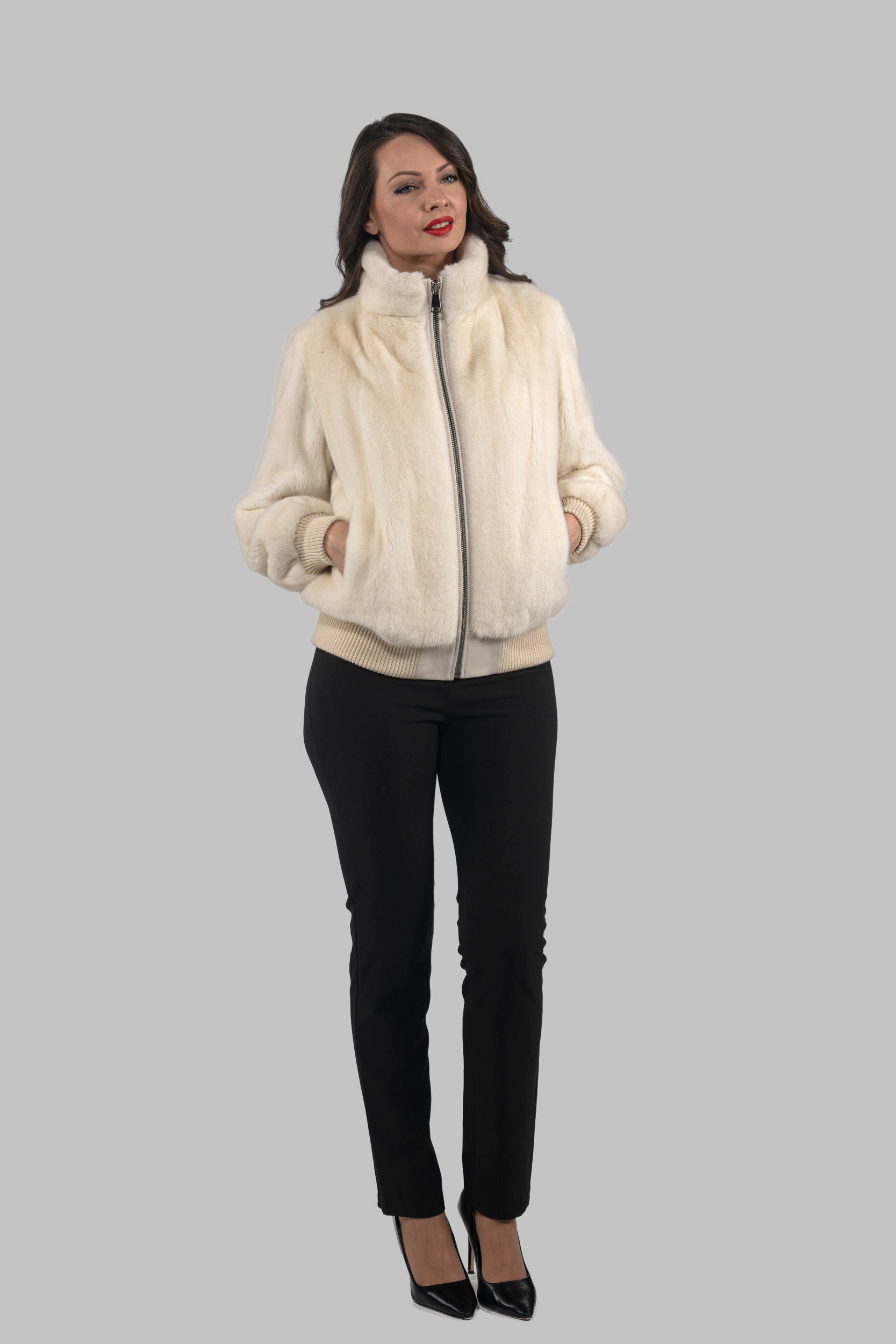 Beige Mink Bomber Jacket with Stand Collar