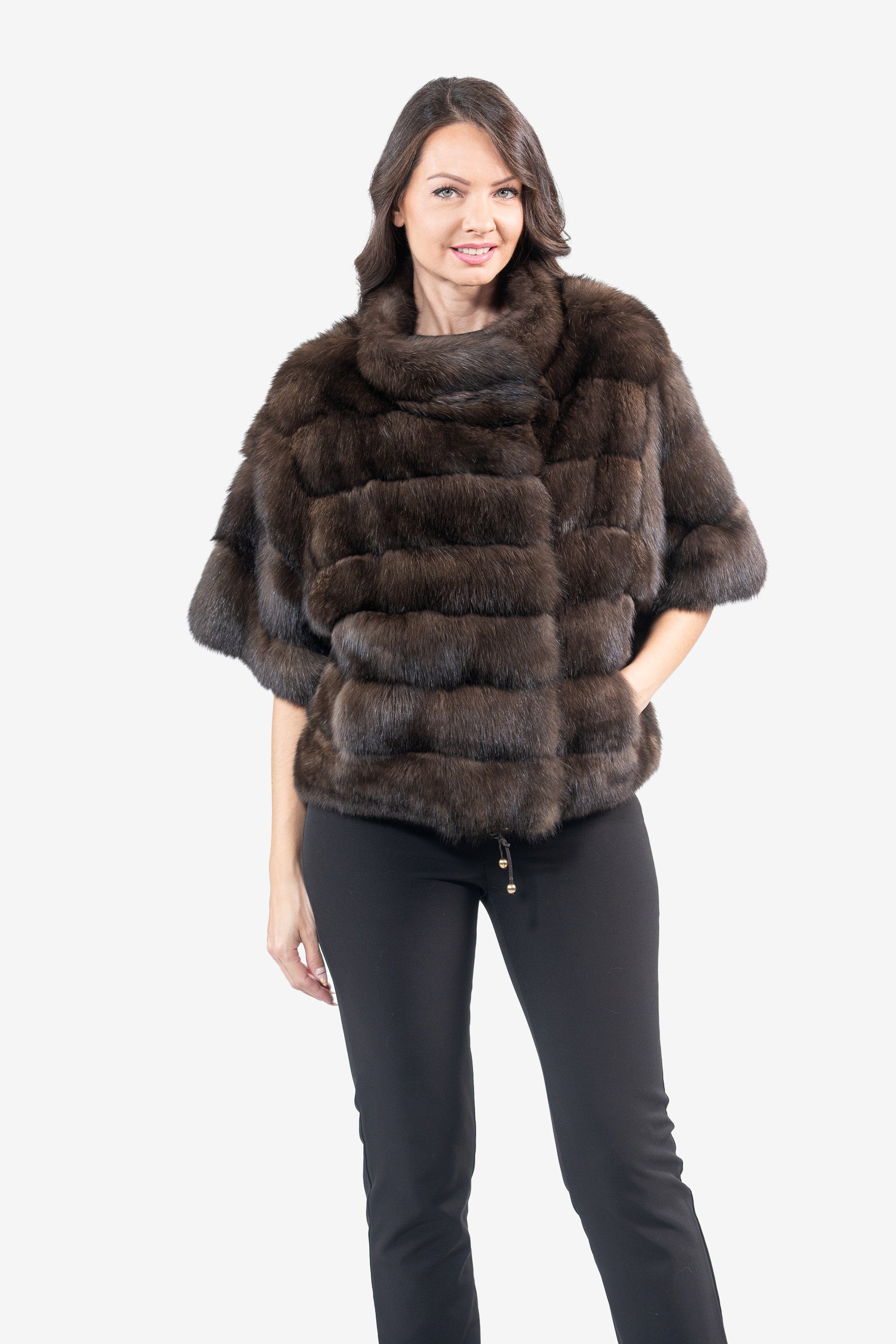 Dark Russian Sable Jacket with Stand Collar and Short Sleeves