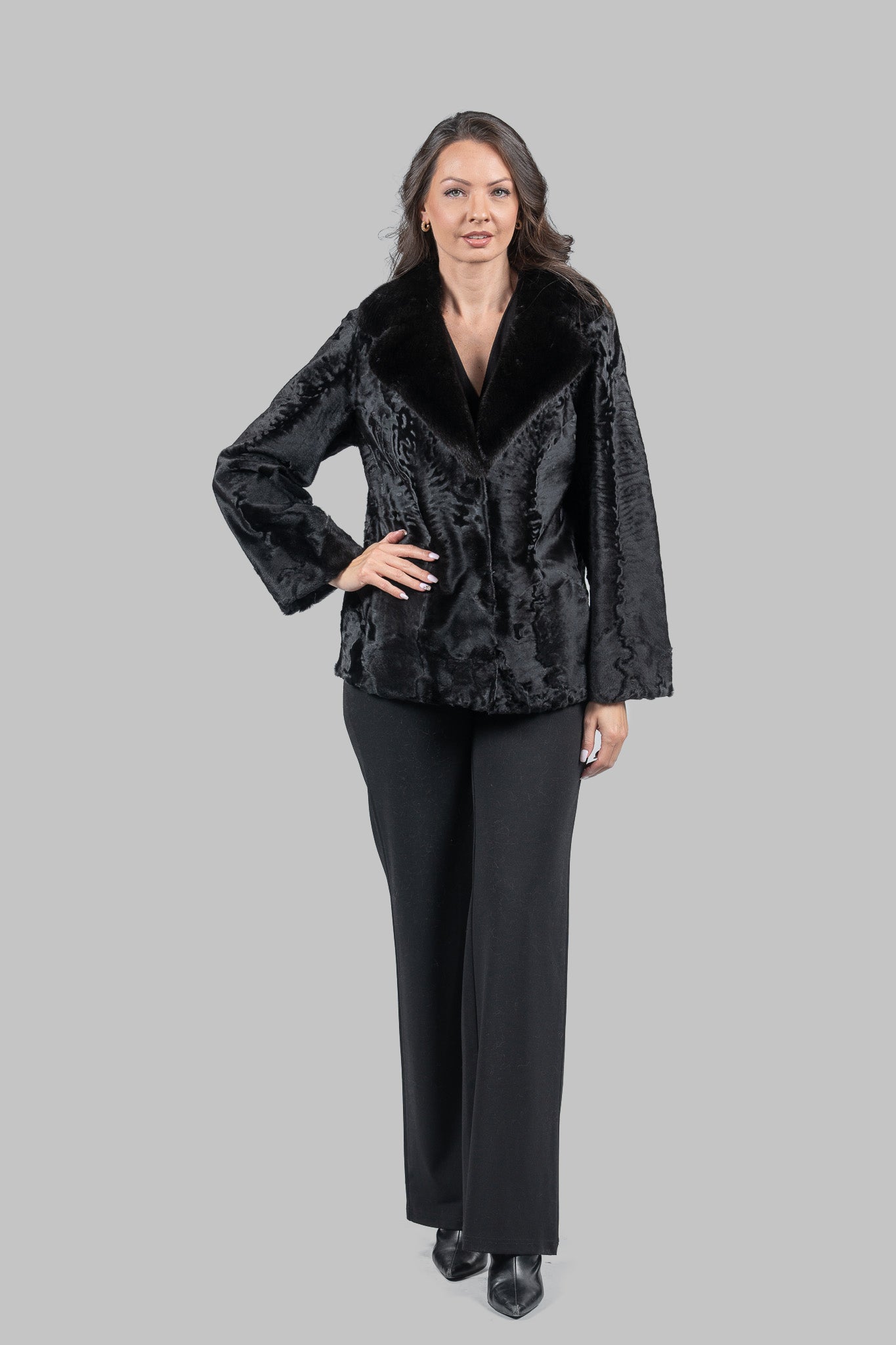 Black Swakara Jacket with Mink-Trimmed Notch Collar