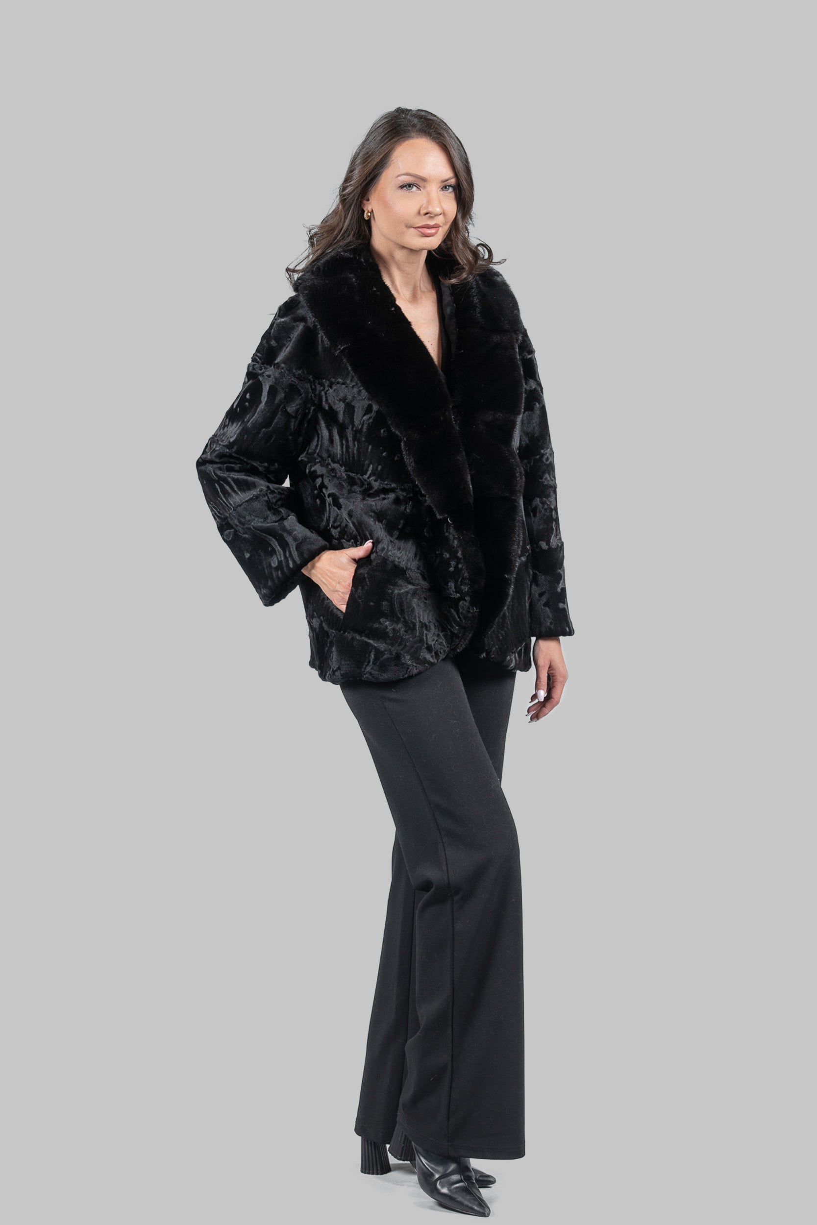 Black Swakara with Extended Mink Shawl Collar Fur Jacket