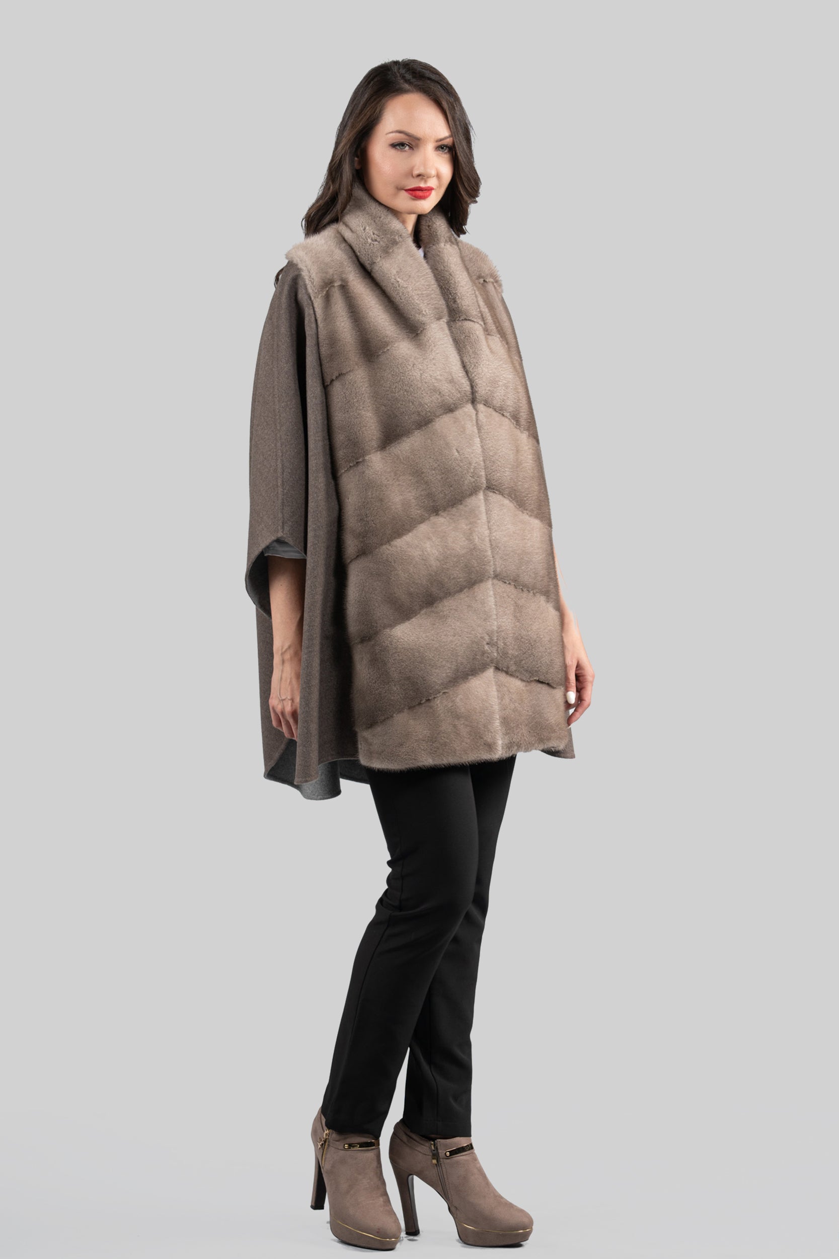 Brown Grey Cashmere Cape with Mink Trim