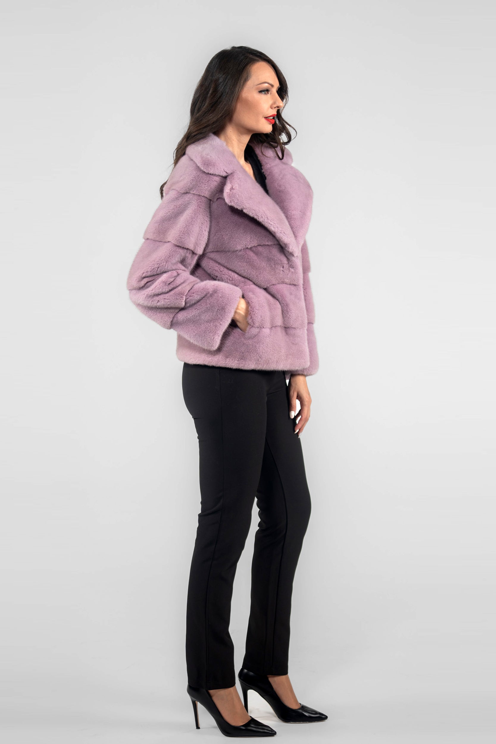 Powder Pink Mink Jacket with Notch Collar