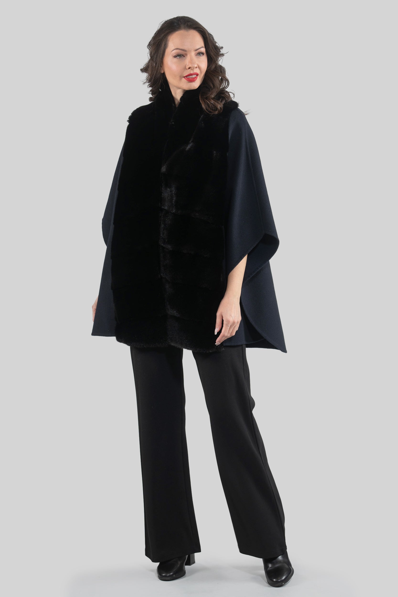 Blue Black Cashmere Cape with Mink Trim