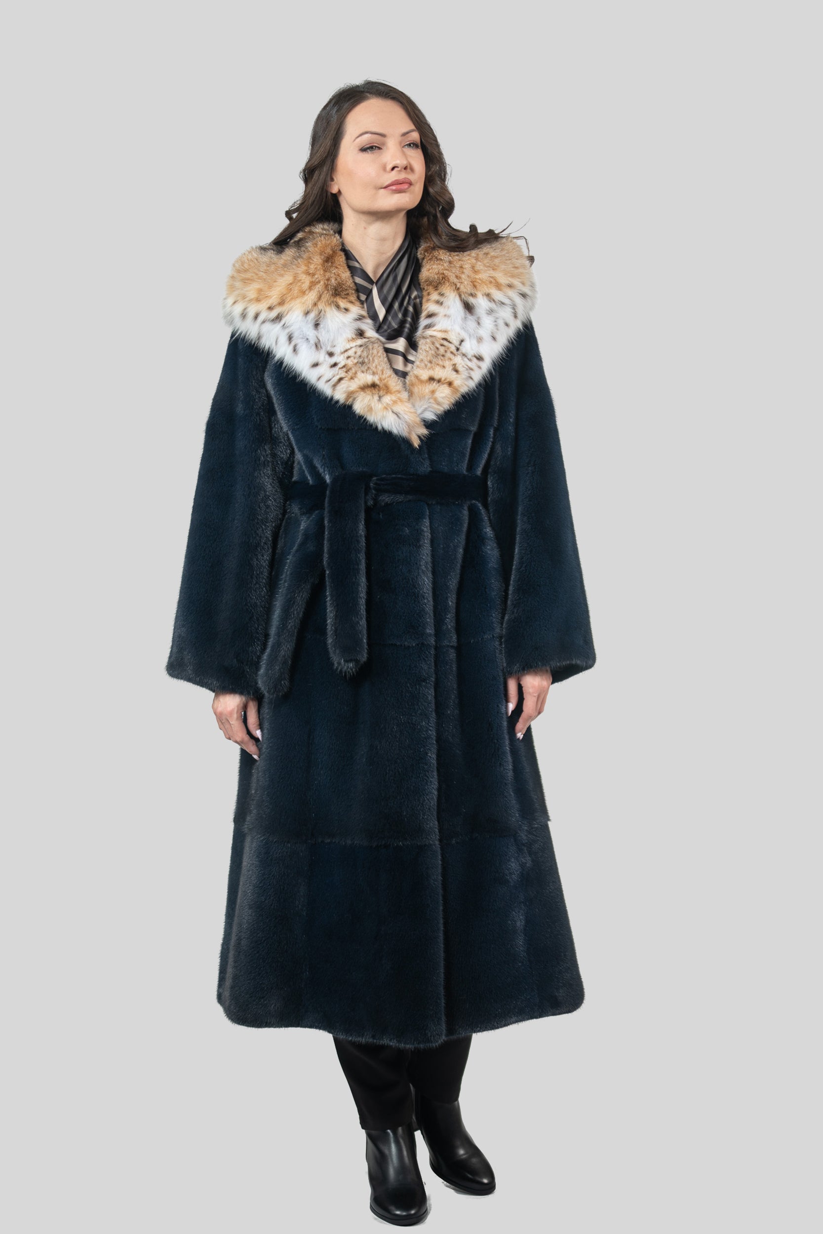 Blue Black Mink Coat with Bobcat Hood
