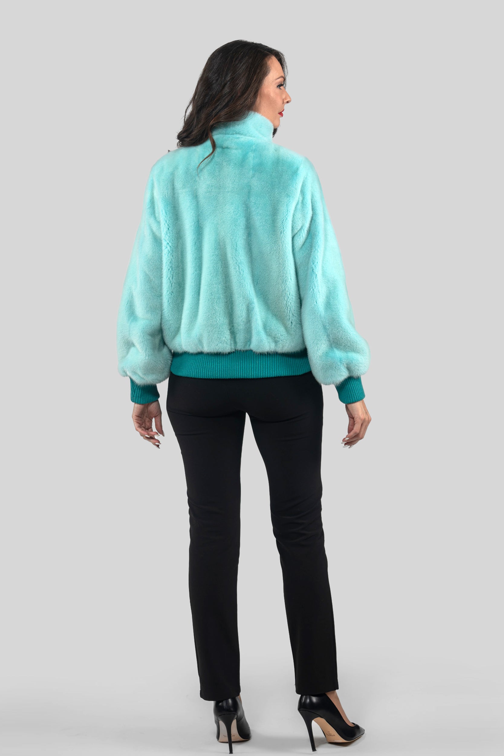 Mint Mink Bomber Jacket With stand Collar