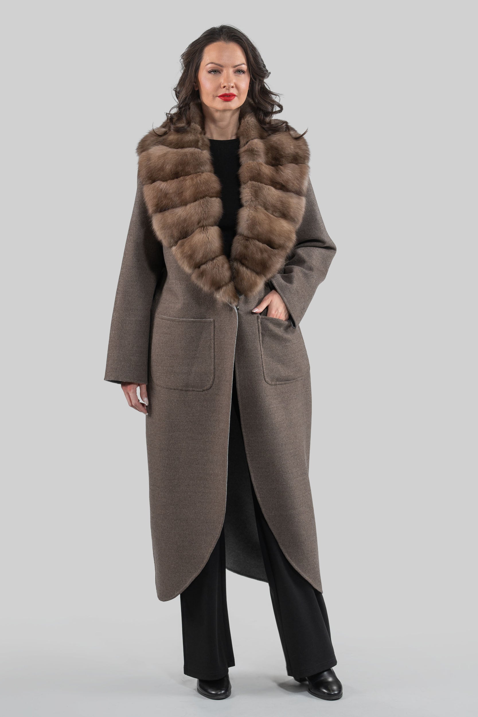 Brown Grey Cashmere Coat with Russian Sable Notch Collar