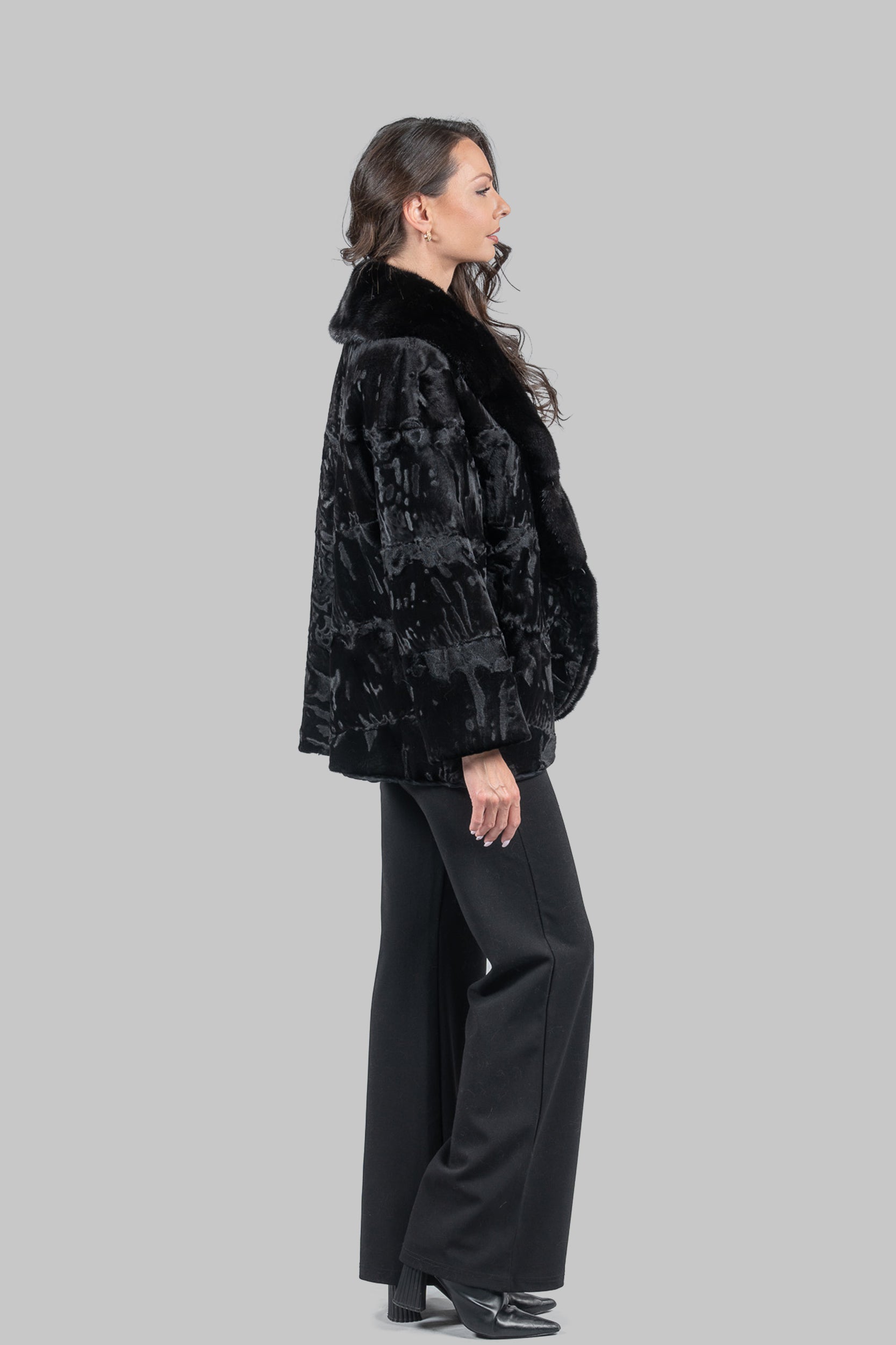 Black Swakara with Extended Mink Shawl Collar Fur Jacket