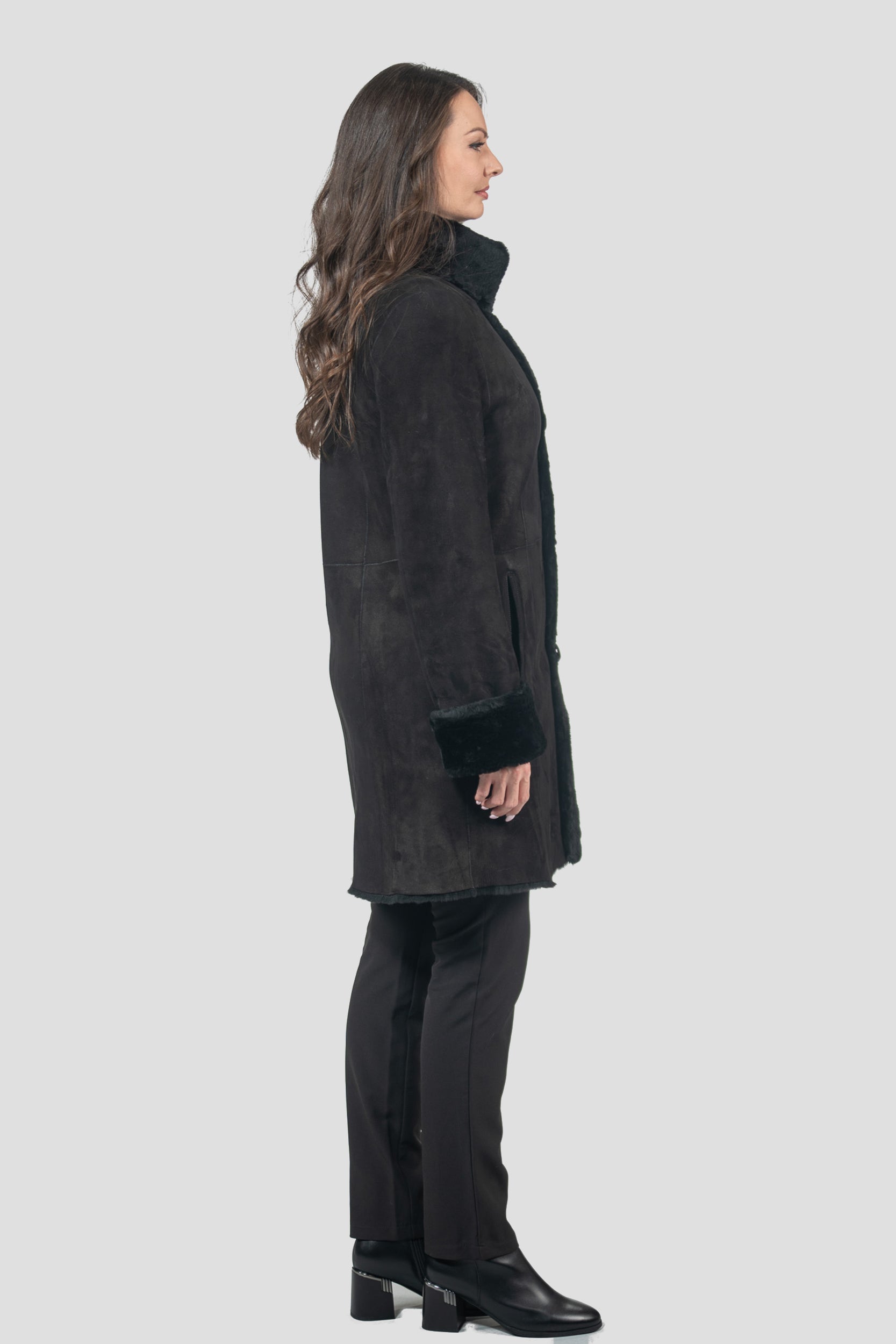 Black Half Coat In Spanish Merino with Stand Collar