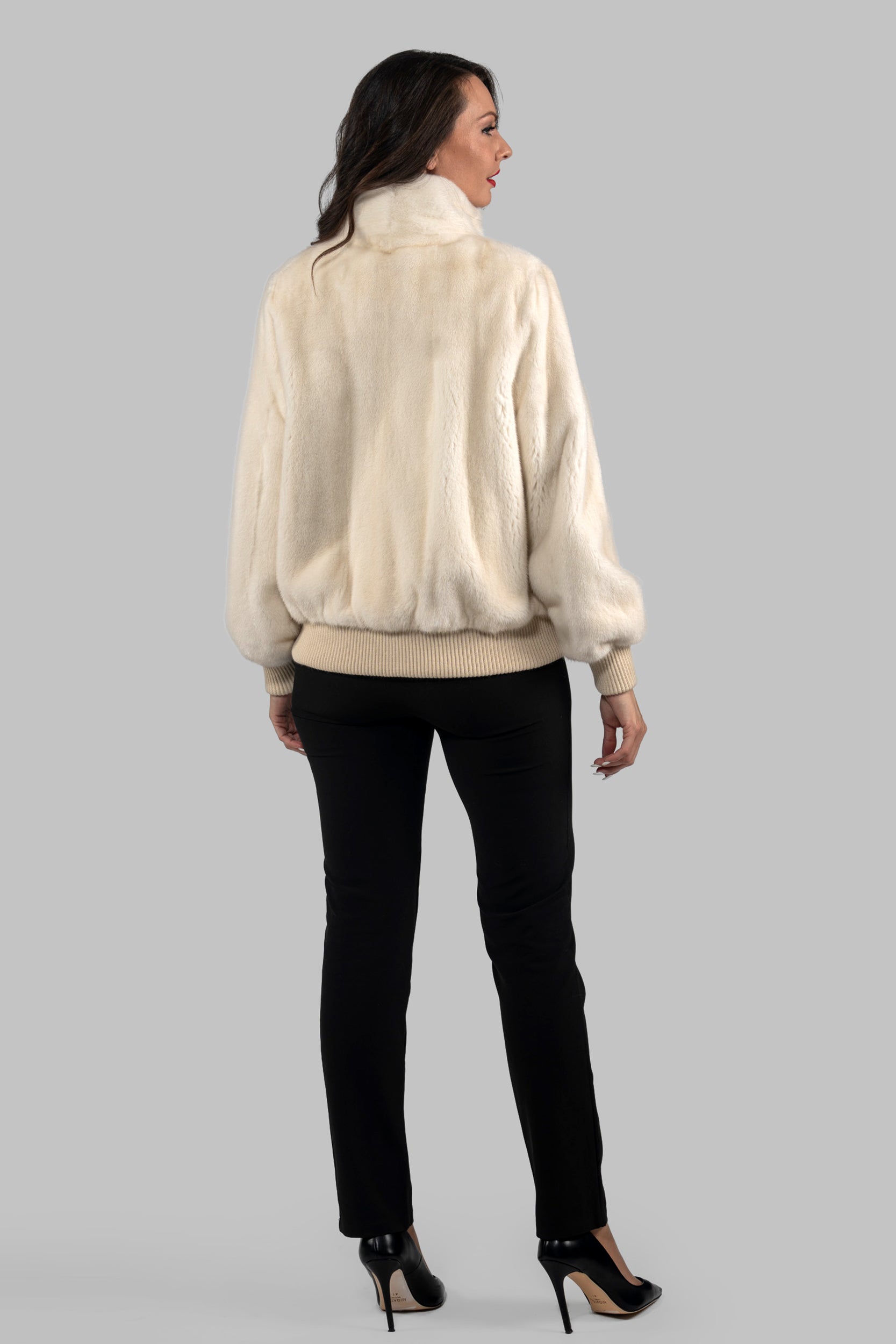 Beige Mink Bomber Jacket with Stand Collar