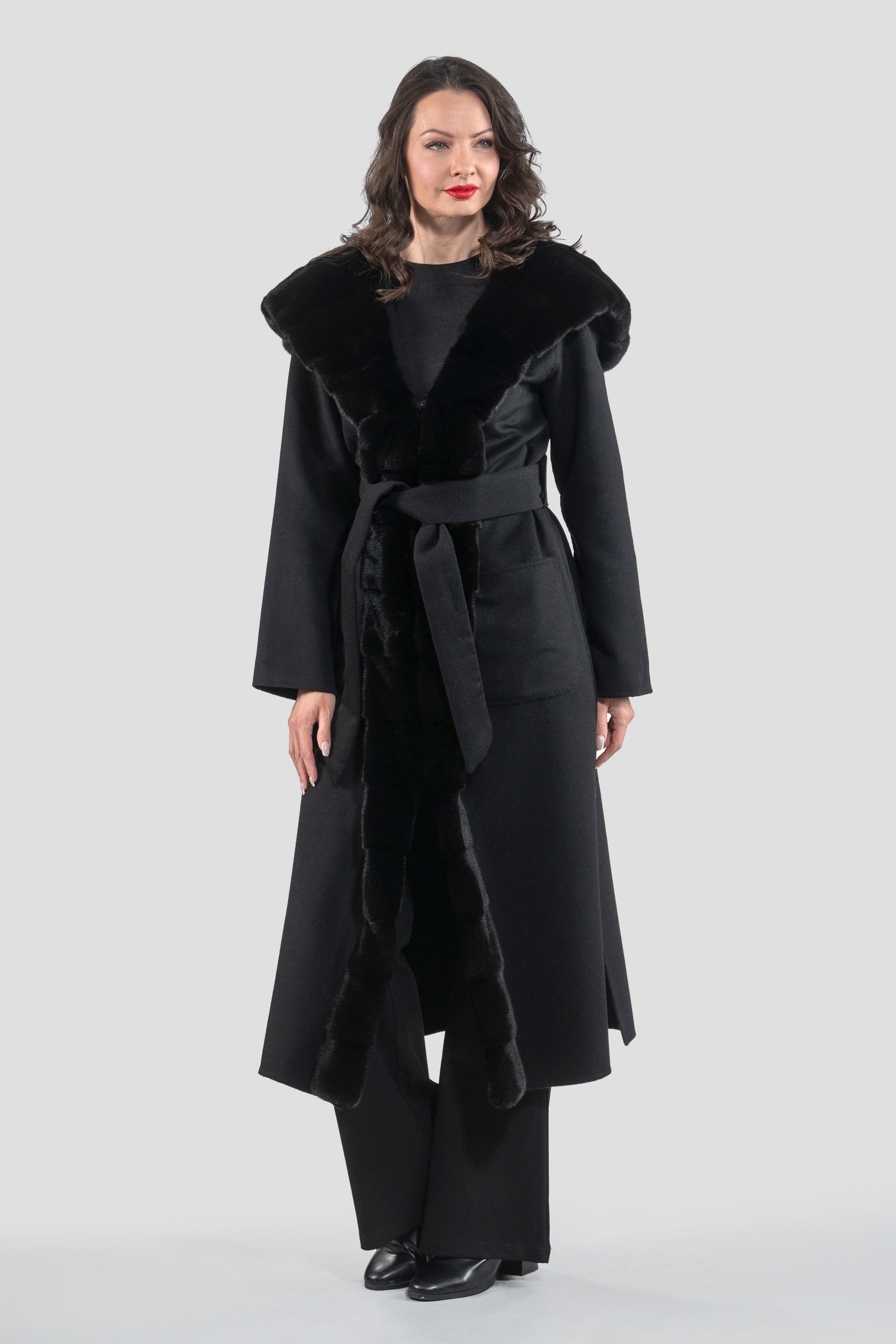 Black Cashmere Hooded Coat with Mink Trim