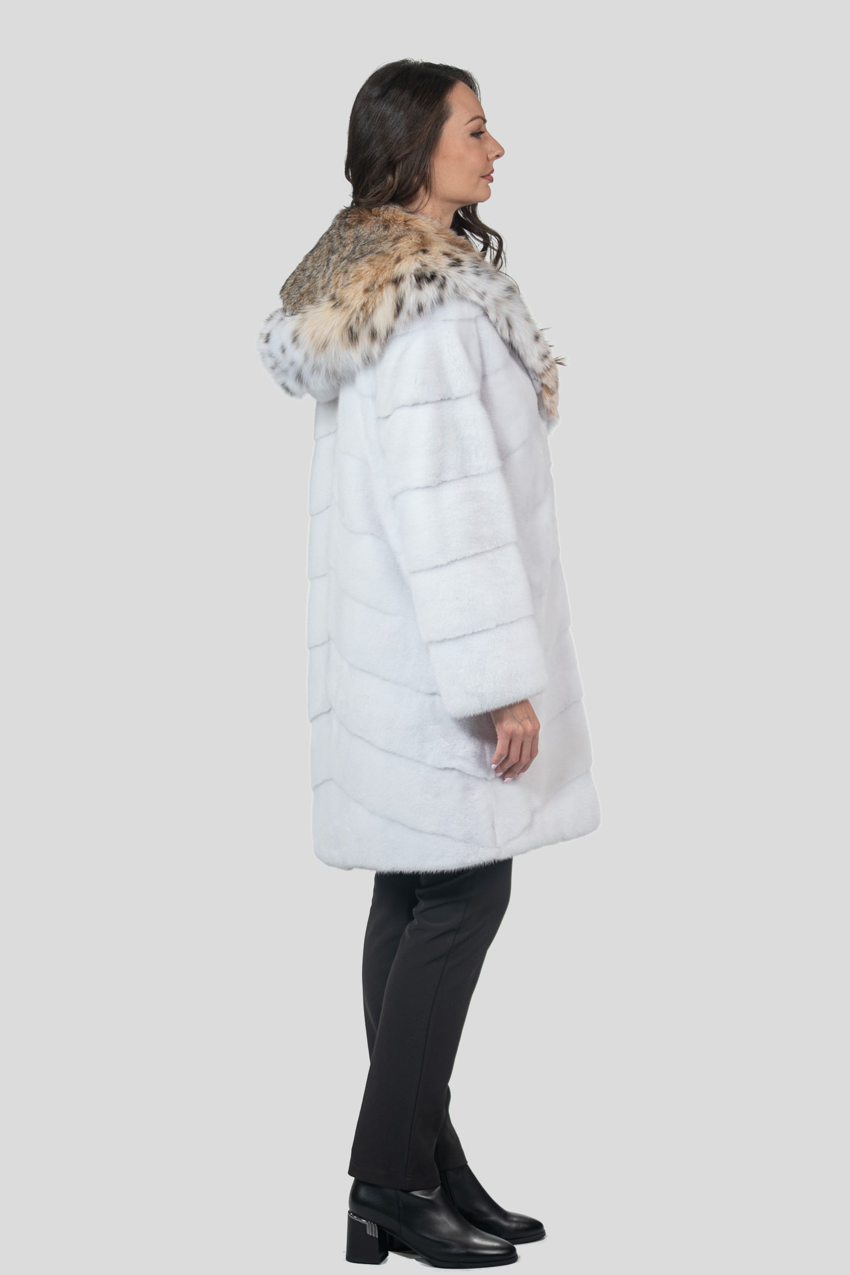 White Mink Half Coat with Bobcat Hood