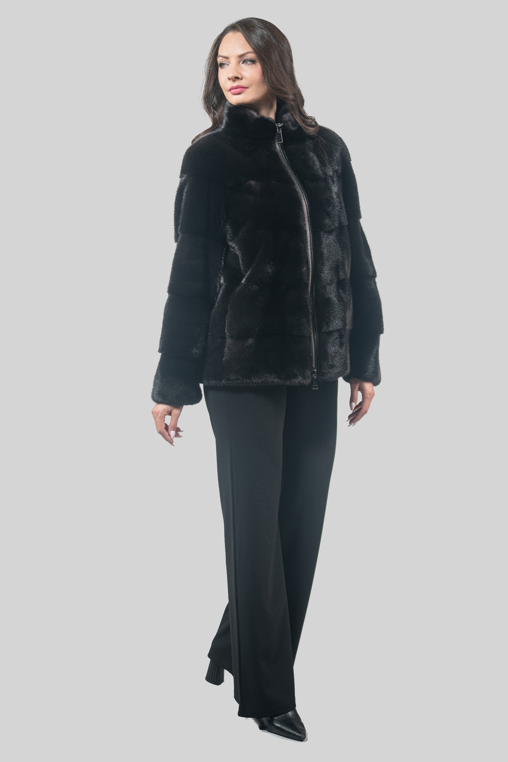 Black Mink Jacket with Stand Collar and Zipper