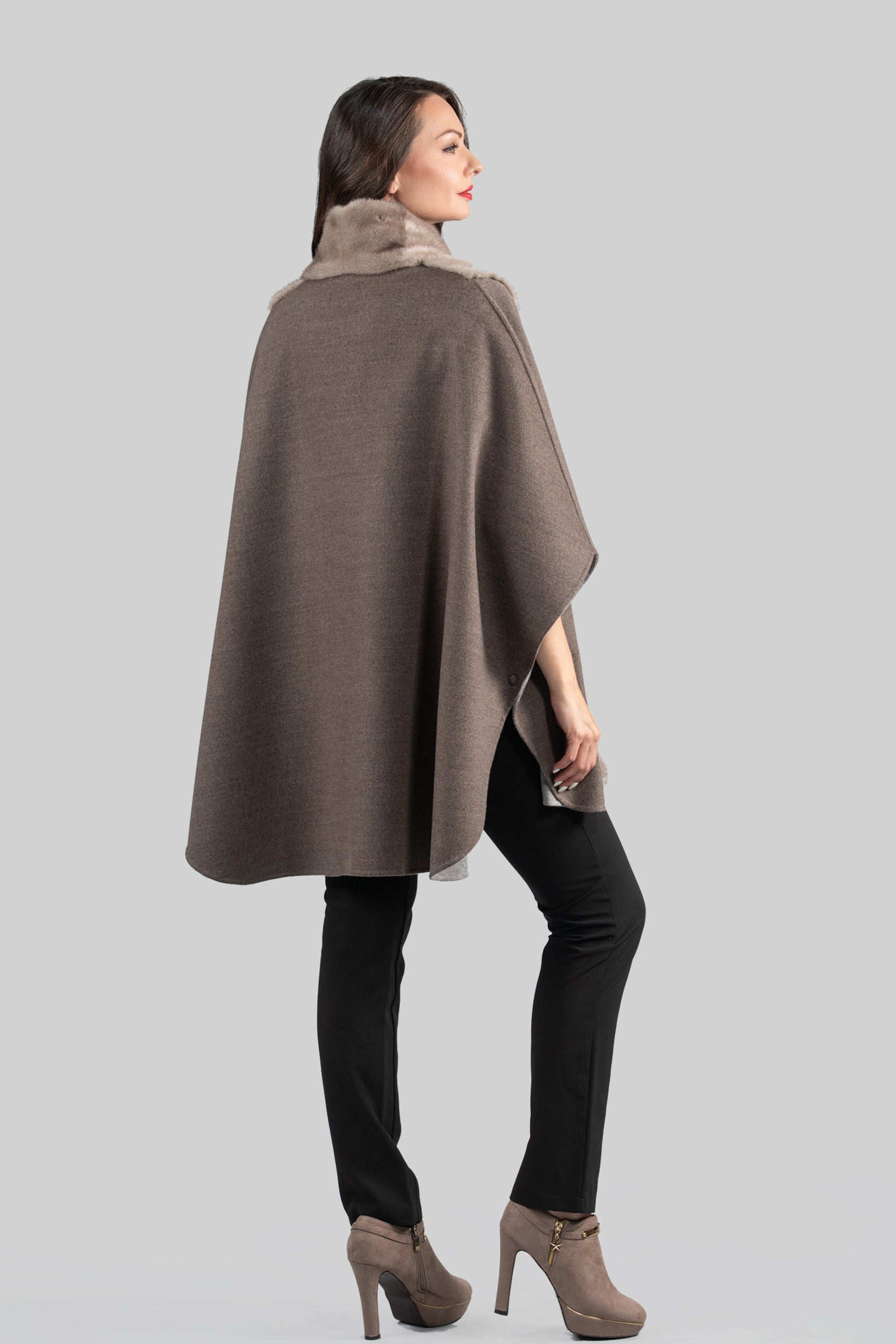 Brown Grey Cashmere Cape with Mink Trim