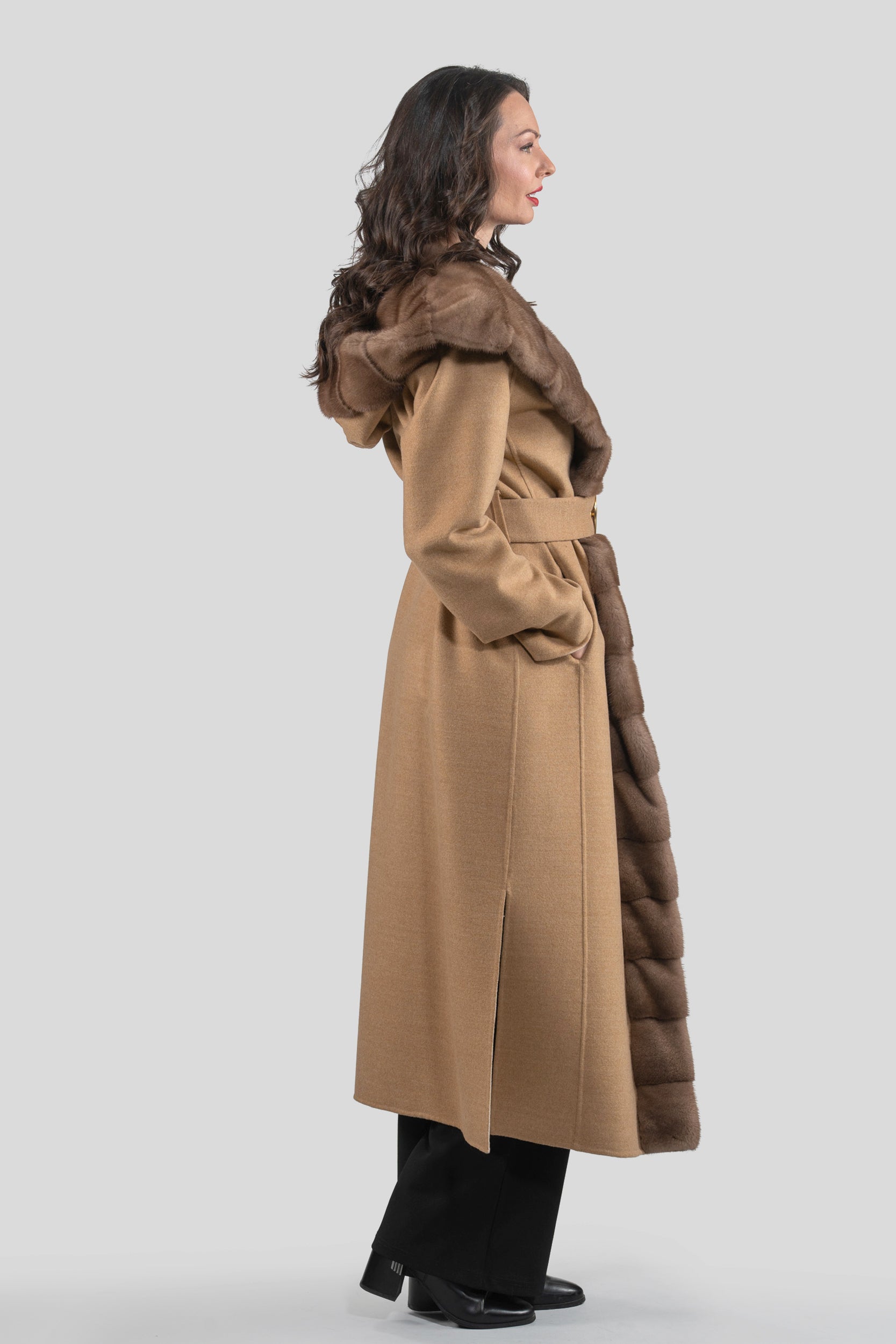 Beige Ecru Cashmere Hooded Coat with Mink Trim