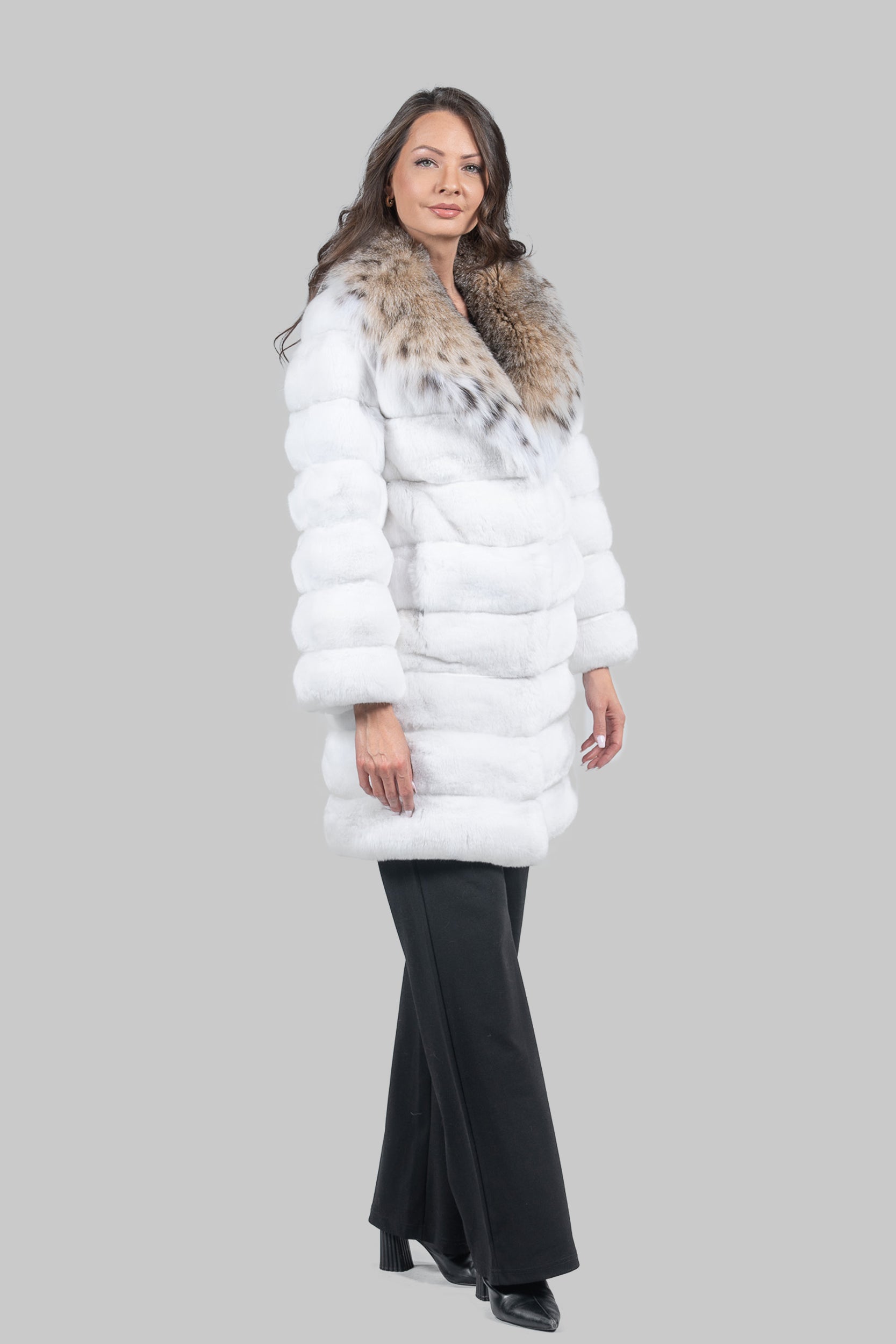 Pure White Chinchilla Half Coat with Bobcat Fur Collar